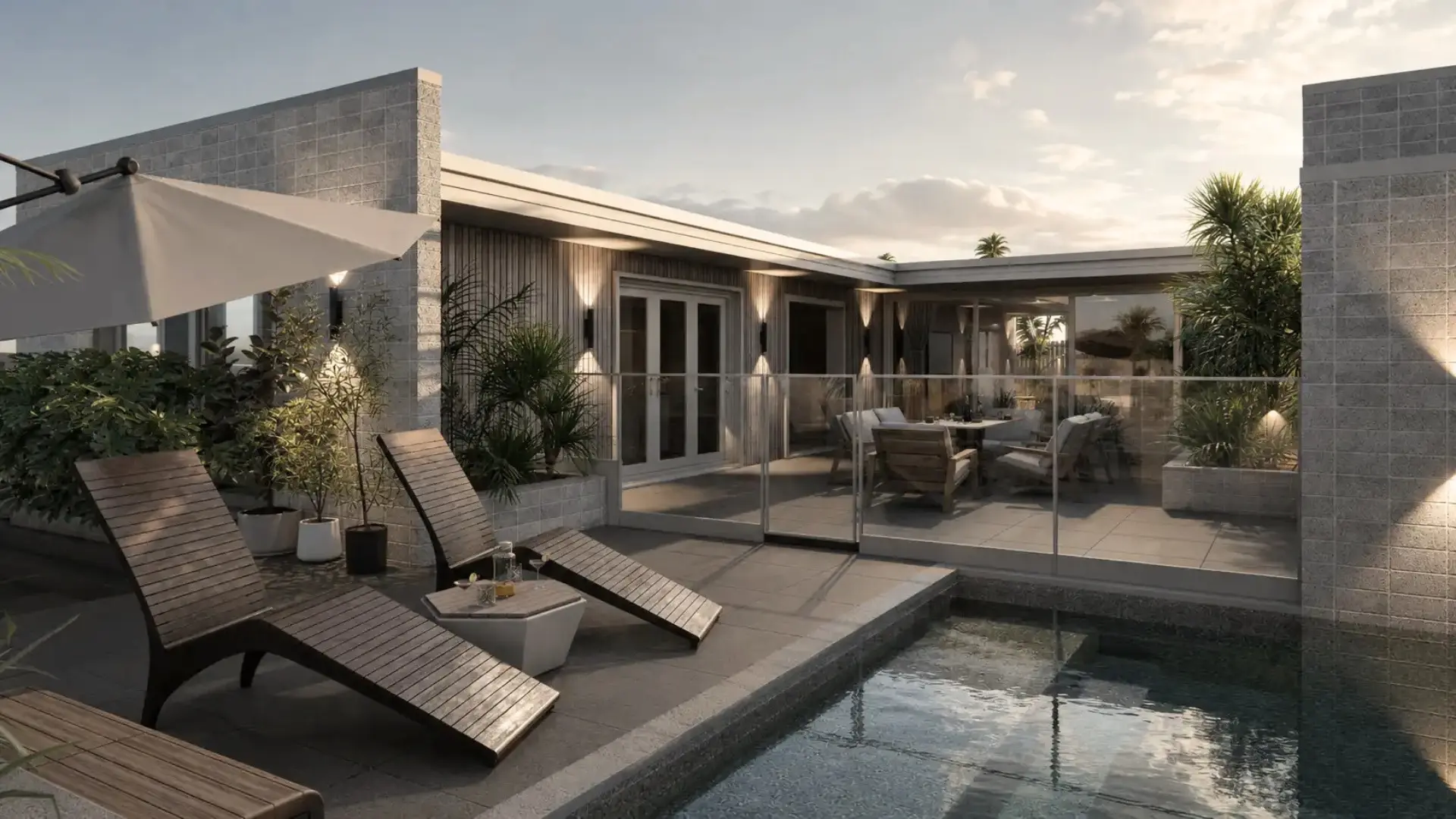 California House by Modal Architecture, a new Waikanae Beach home with a sheltered courtyard, plunge pool and pale masonry walls.