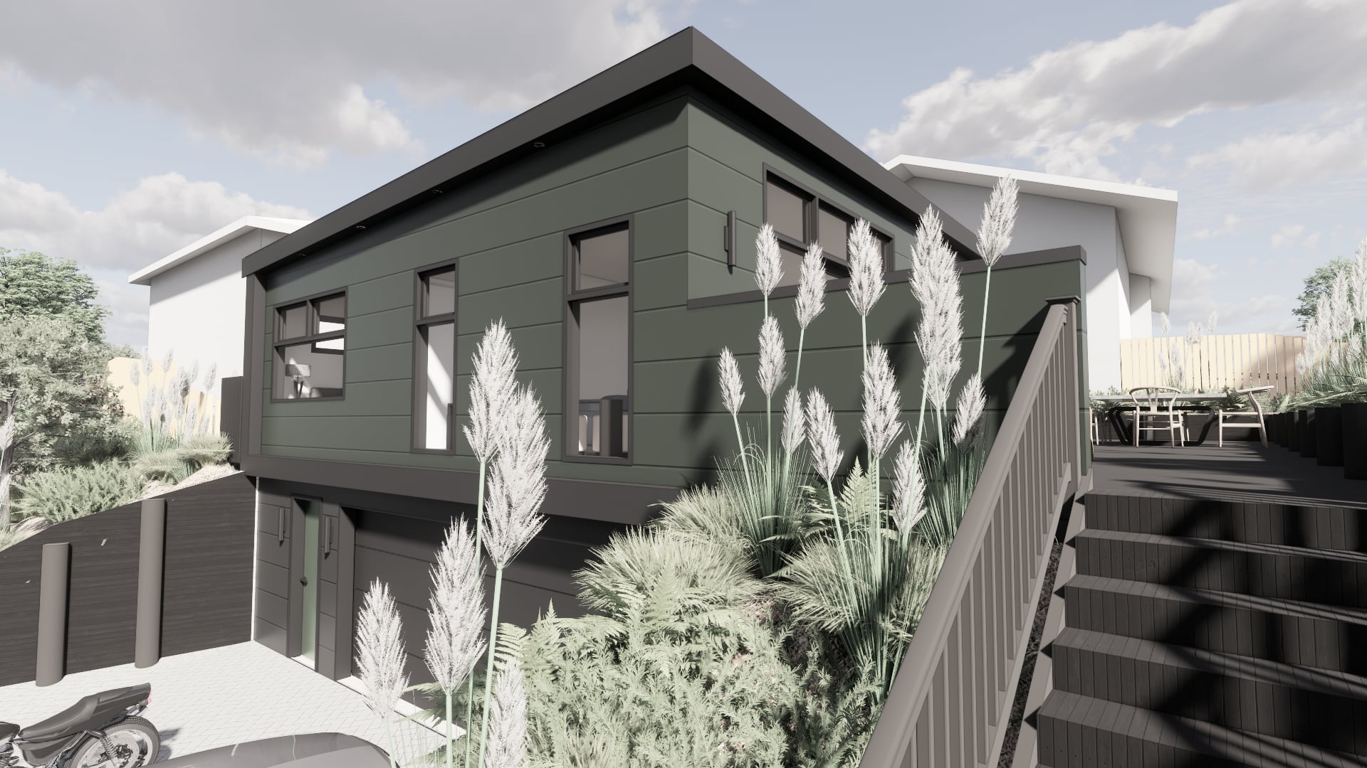 Turville infill home by Modal Architecture, with dark cladding, an external stair and planting beside the entrance.