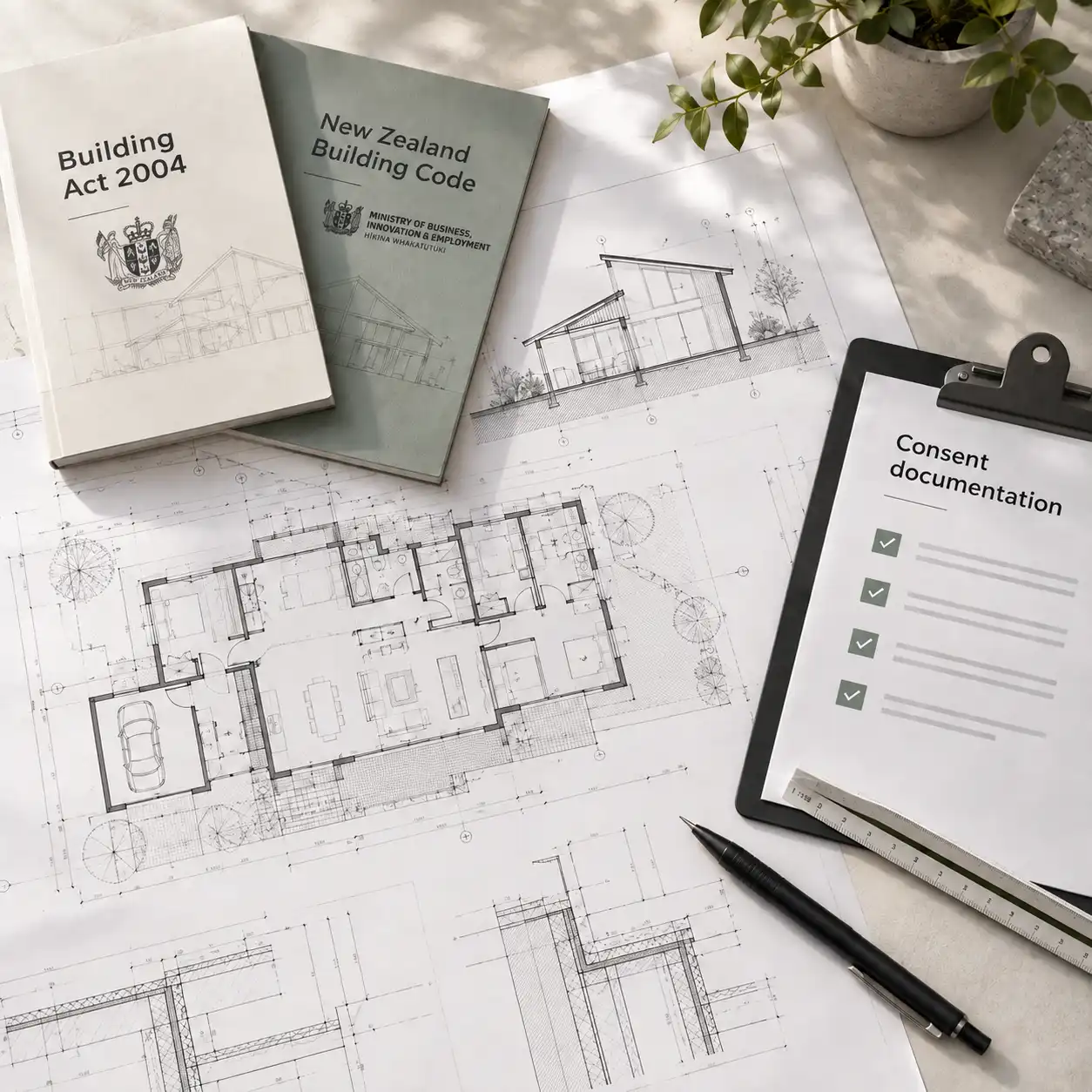 Architectural drawings with Building Act 2004 and New Zealand Building Code reference books, government logos and a consent documentation checklist.