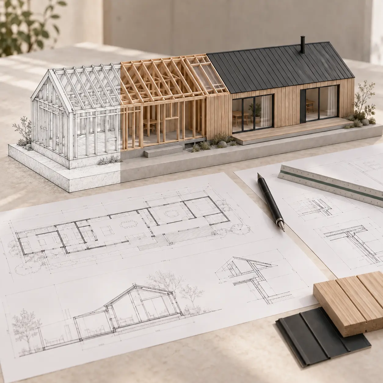 Architectural model progressing from line sketch to timber framing and a finished home, illustrating Modal Architecture’s design and construction process.