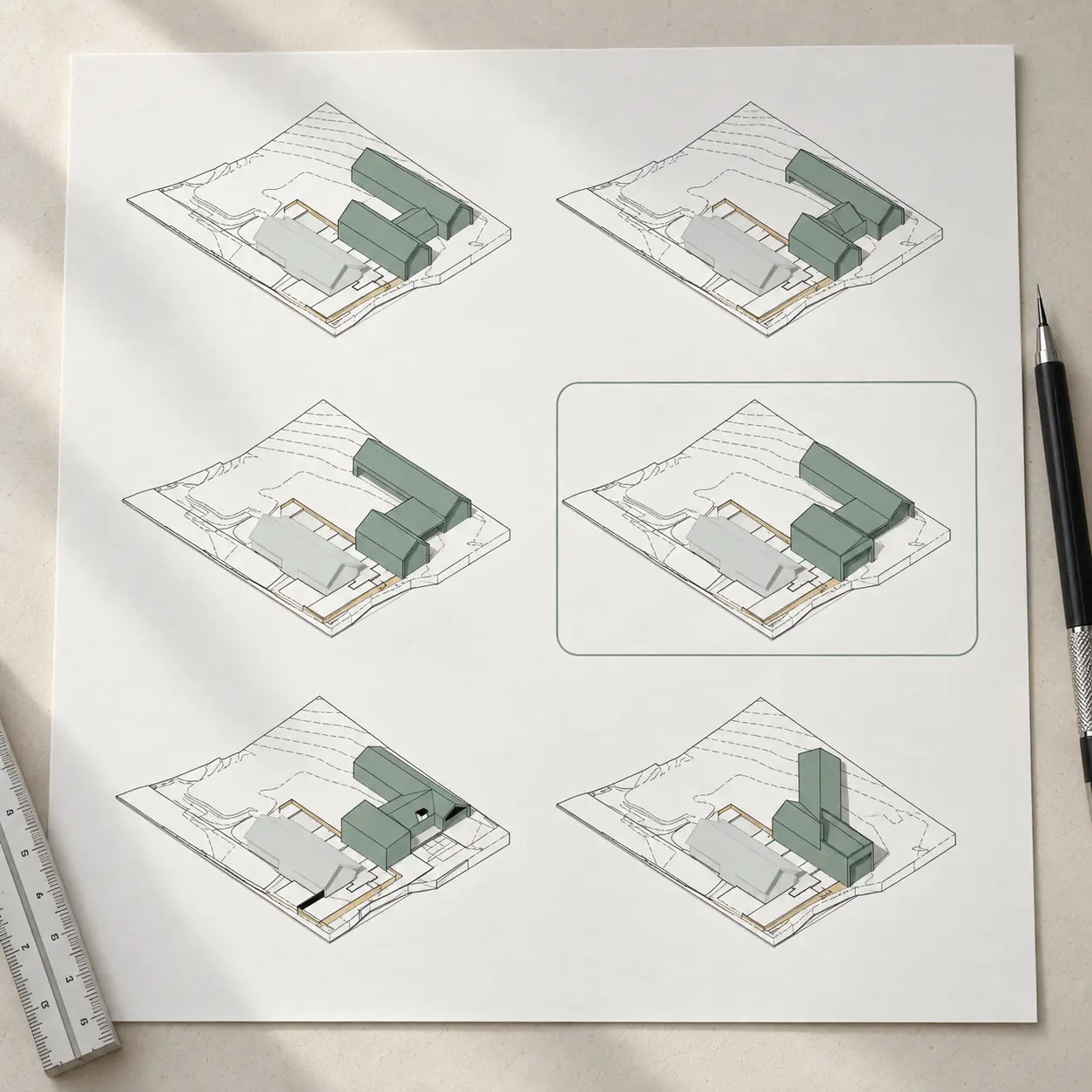 Site feasibility study exploring options for extending an existing home or adding a second dwelling, with six alternative building layouts.