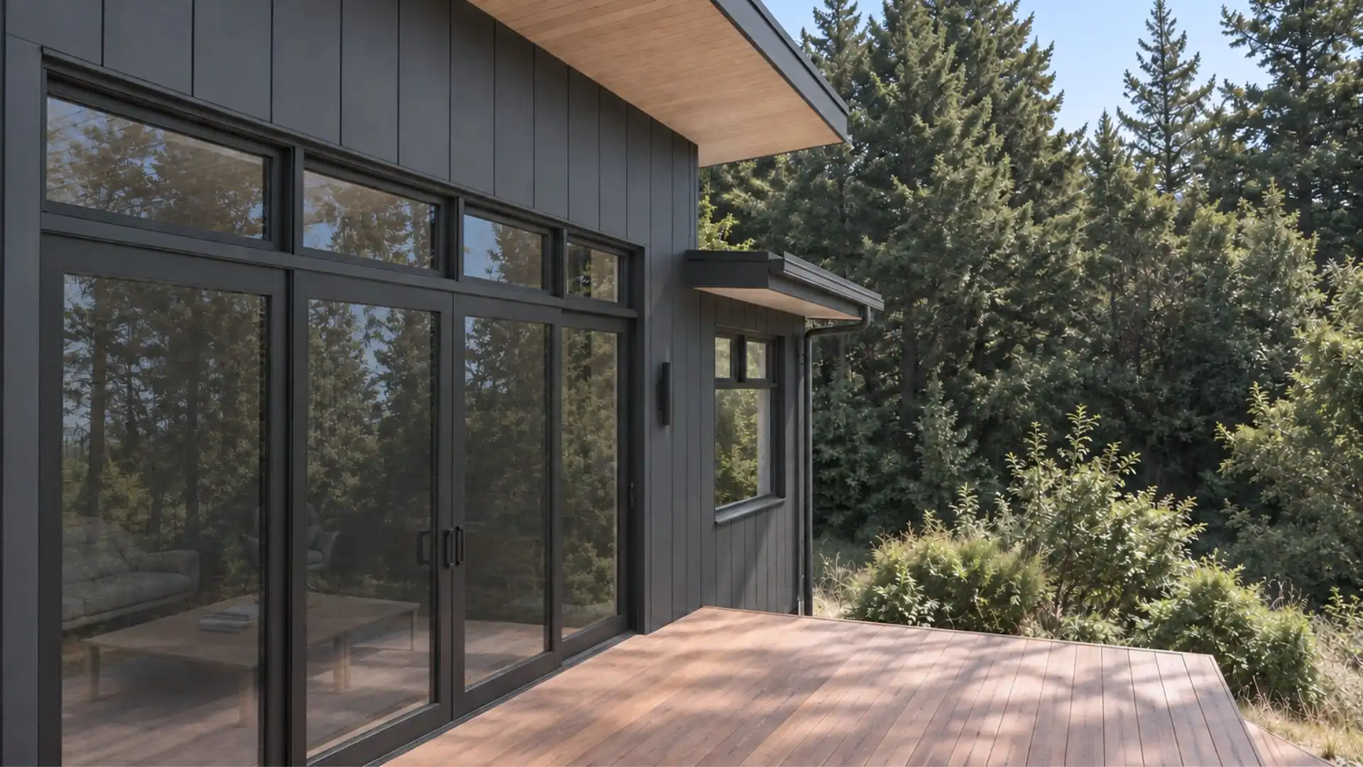 Timber deck and north facing glazing at a bespoke Dalefield, Queenstown home designed by Modal Architecture, surrounded by established trees and native style planting.