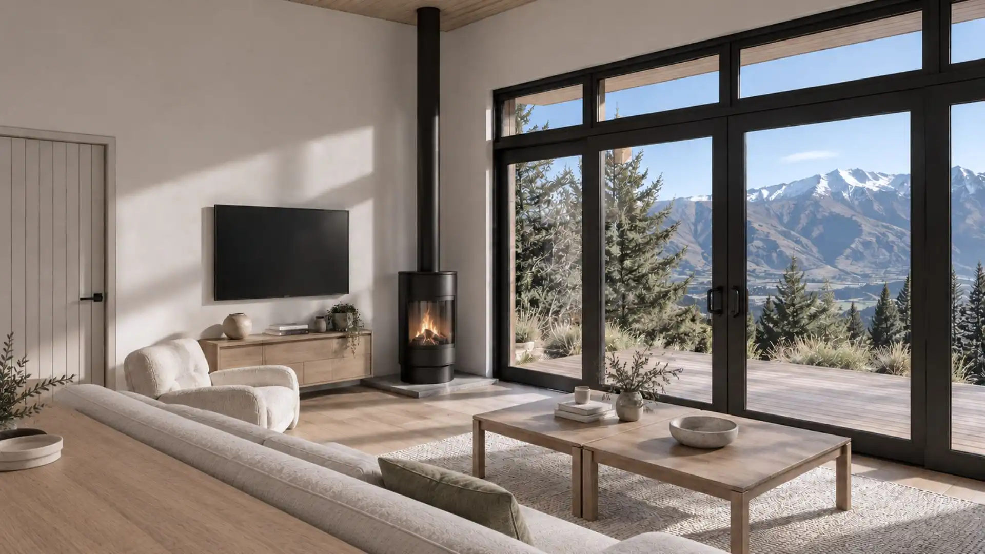 Living room of a bespoke Malaghan Road, Dalefield home designed by Modal Architecture, with timber ceilings, wood burner and expansive glazing framing views towards Coronet Peak. Location: Dalefield, Queenstown.