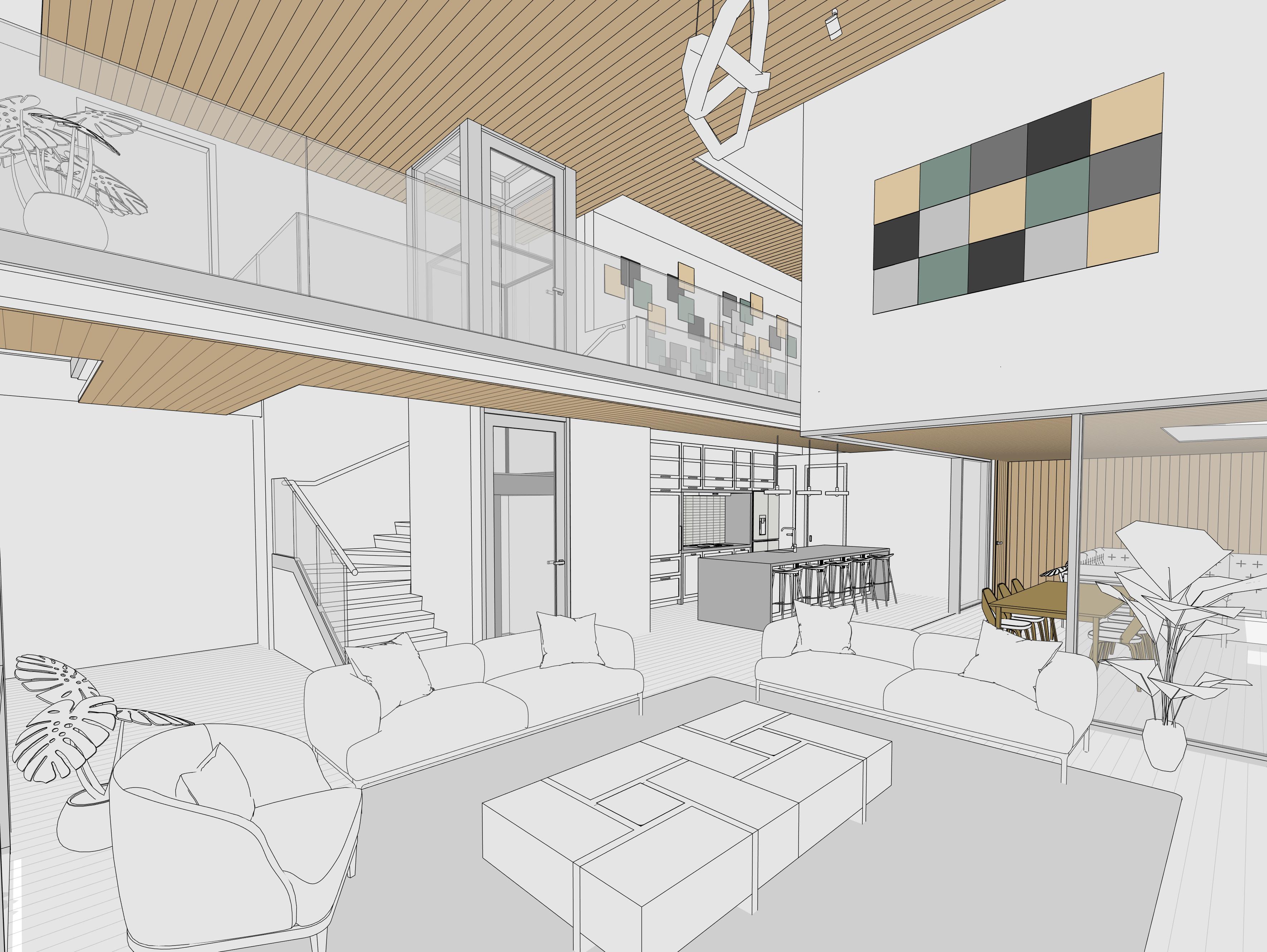 Interior view visualisation of Fjord House in Aotea, Porirua, designed by Modal Architecture.