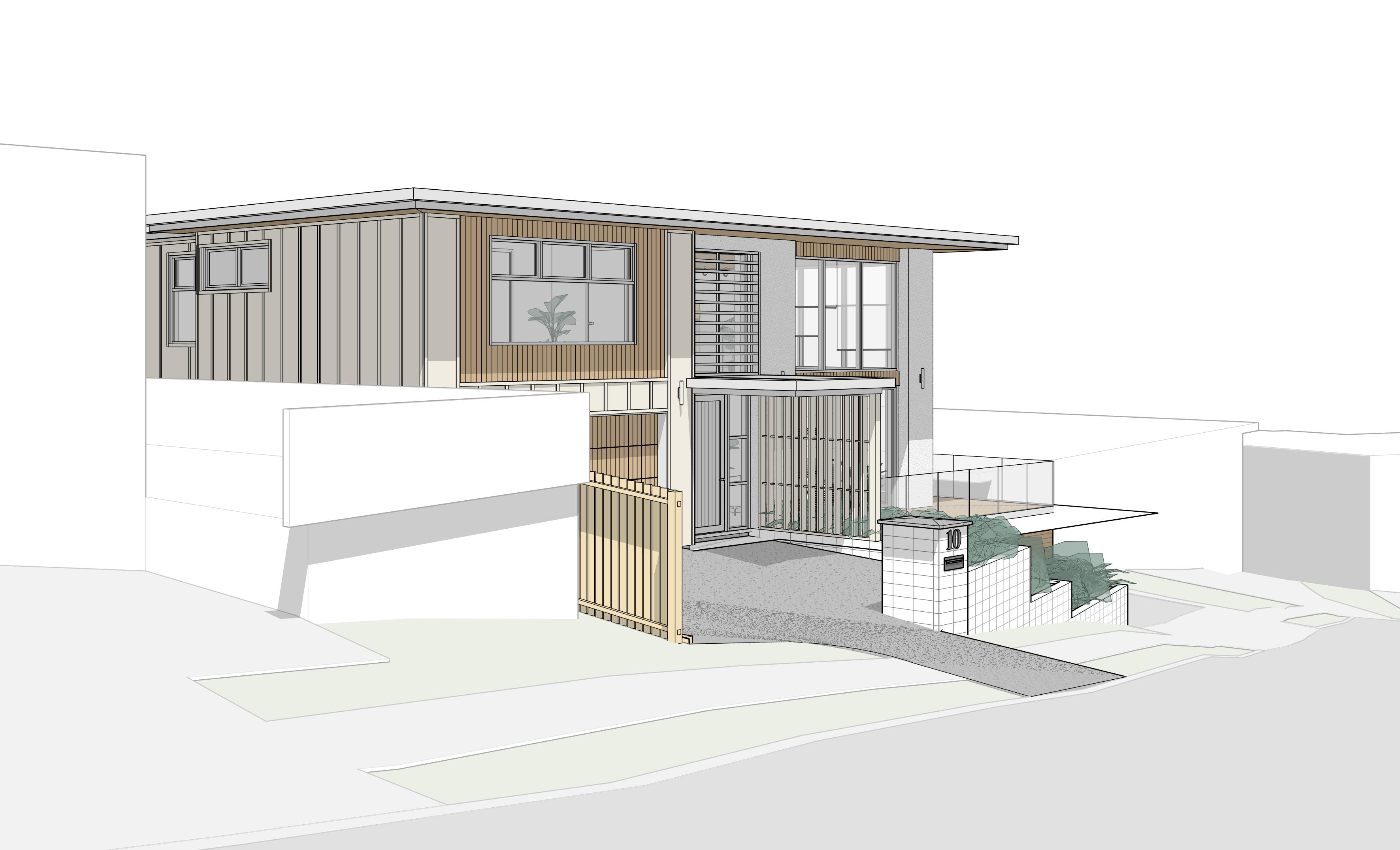 Exterior view visualisation of Fjord House in Aotea, Porirua, designed by Modal Architecture.