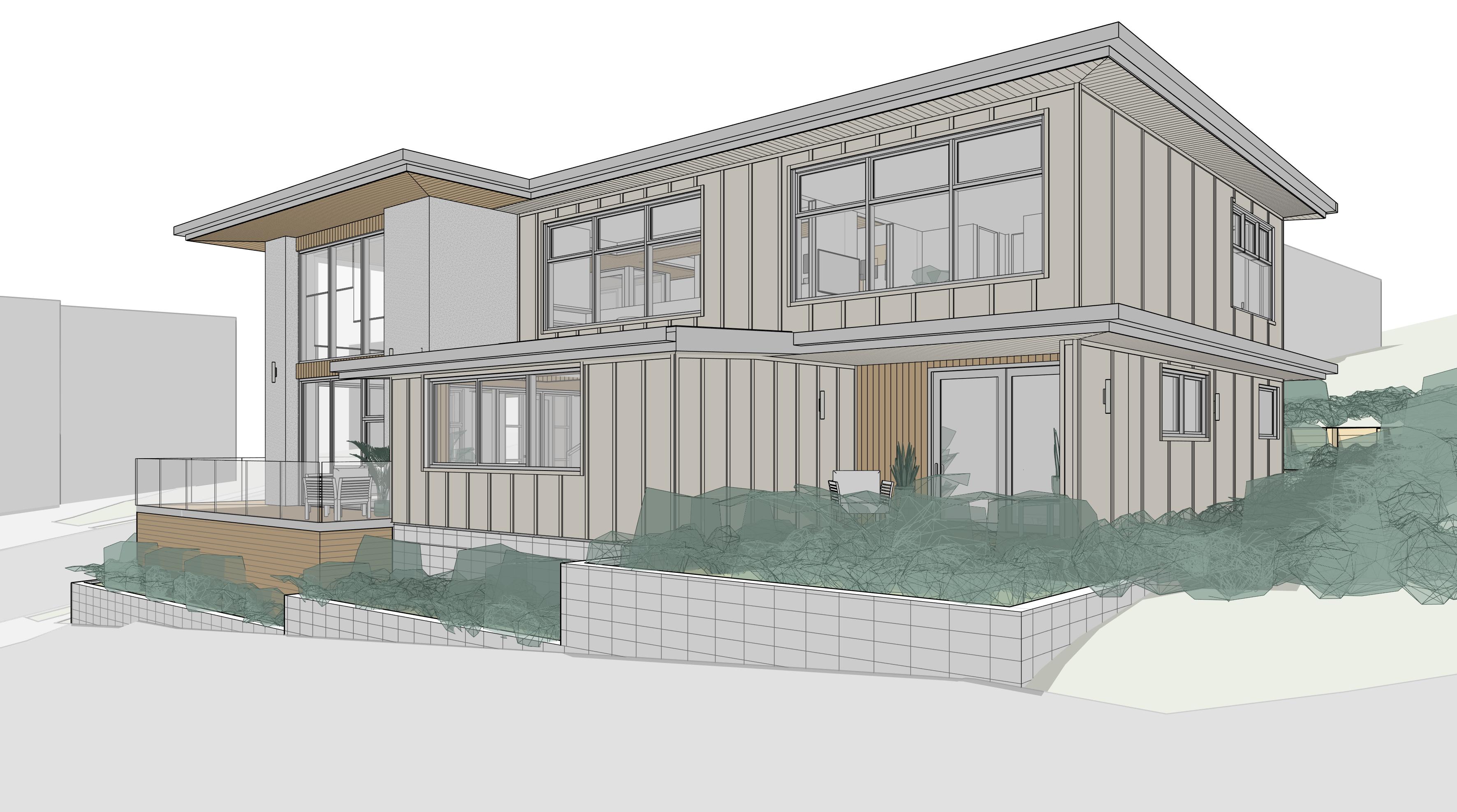 Exterior view visualisation of Fjord House in Aotea, Porirua, designed by Modal Architecture.