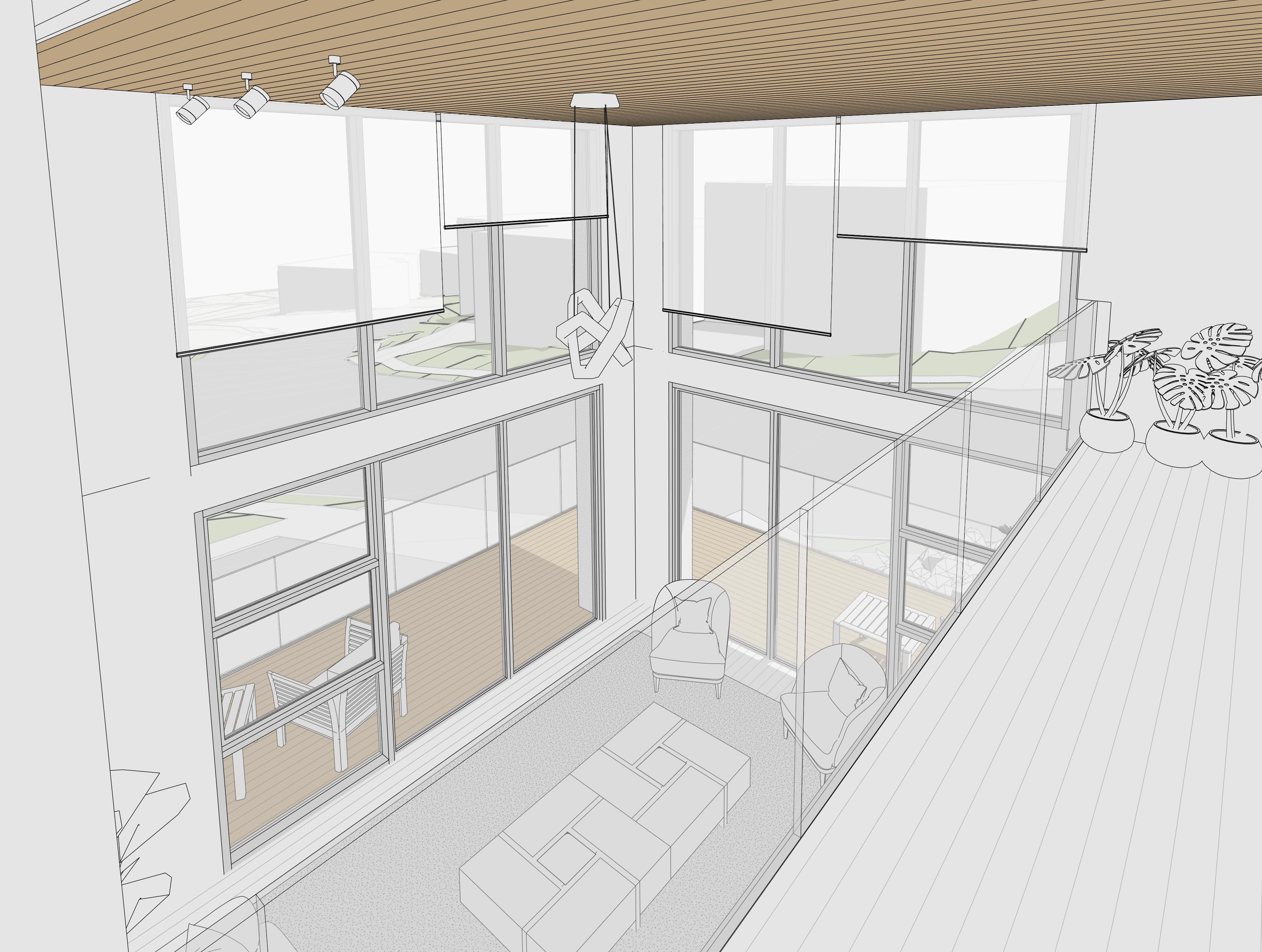 Interior view visualisation of Fjord House in Aotea, Porirua, designed by Modal Architecture.