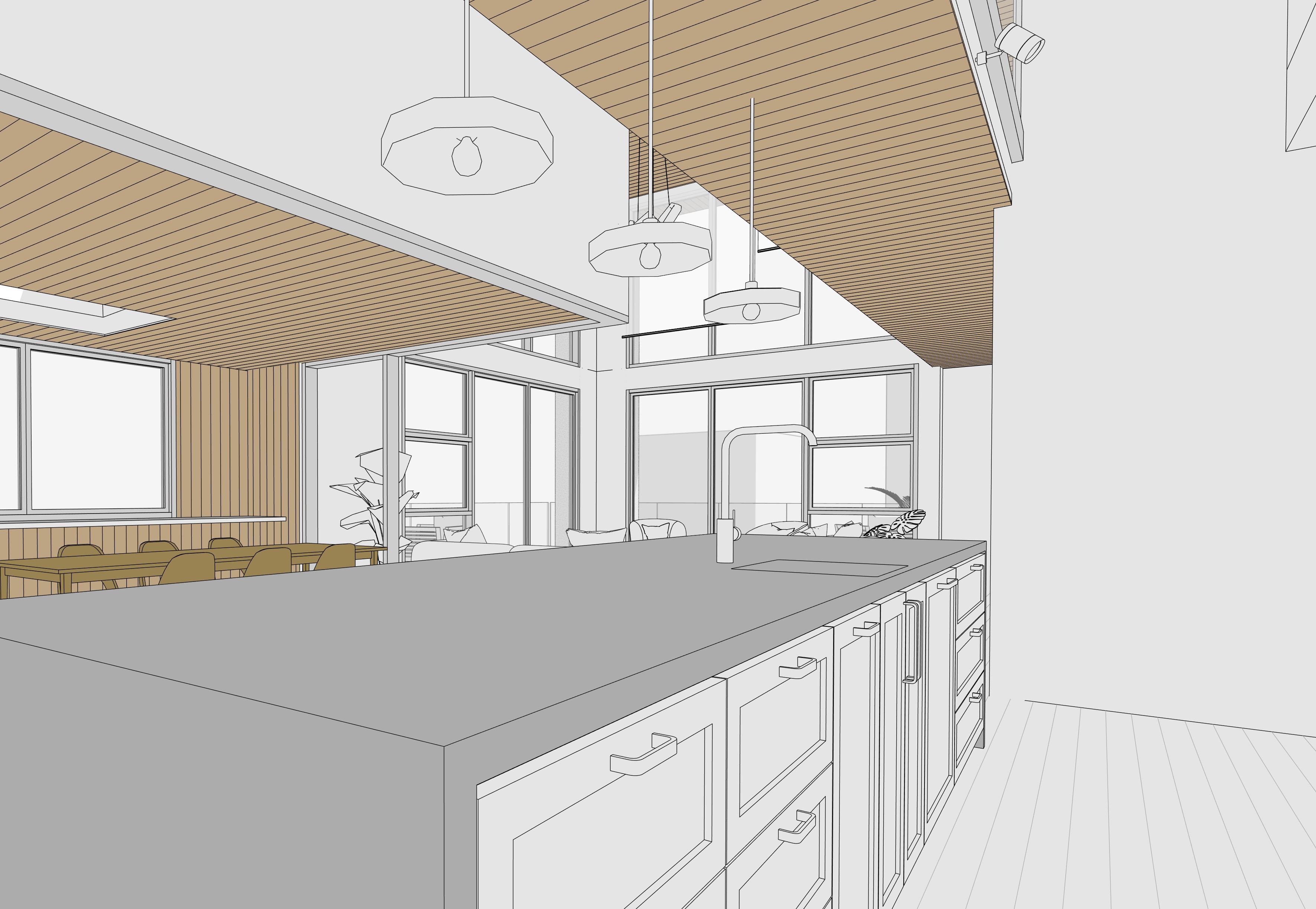 Interior view visualisation of Fjord House in Aotea, Porirua, designed by Modal Architecture.
