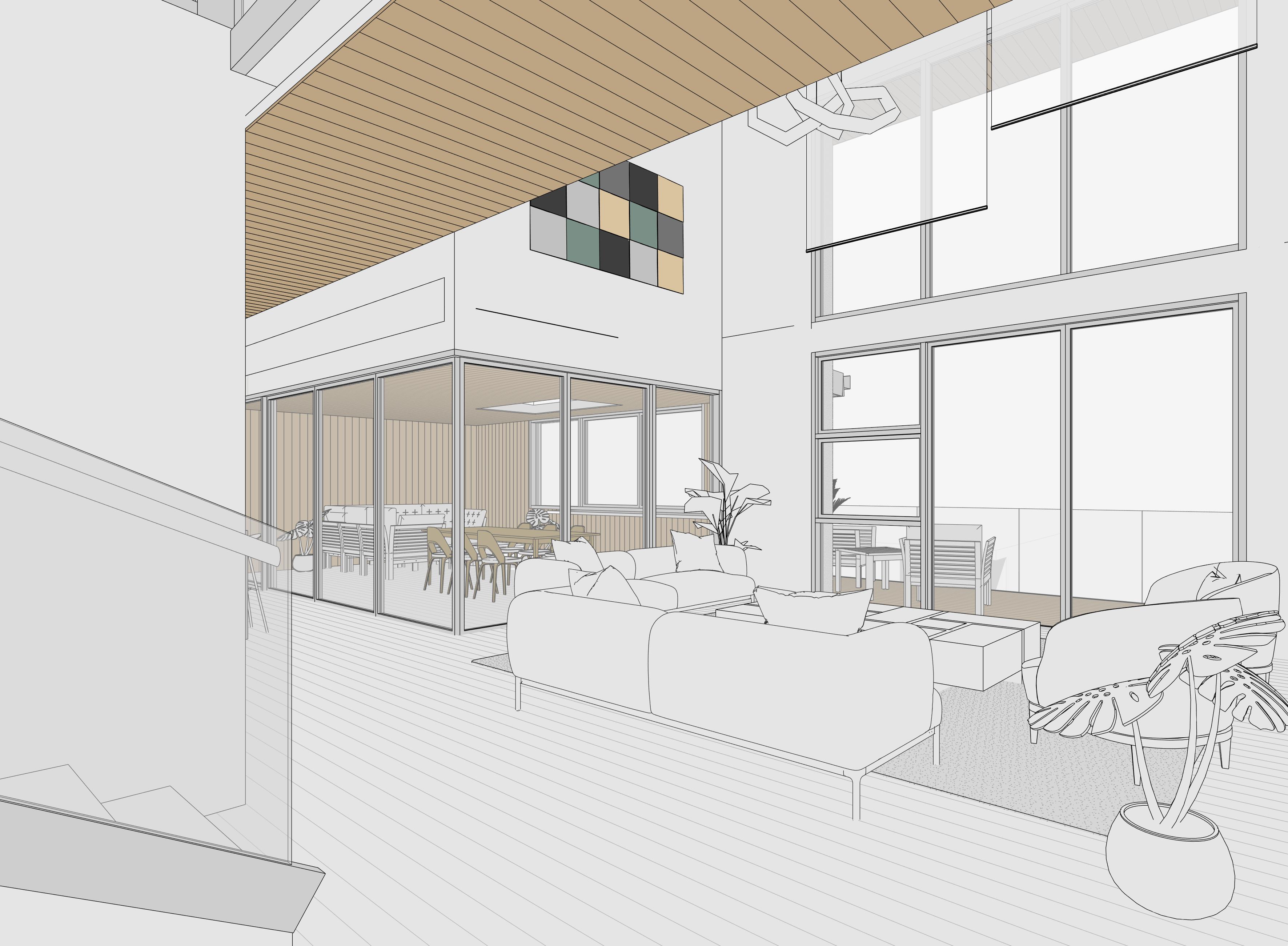 Interior view visualisation of Fjord House in Aotea, Porirua, designed by Modal Architecture.