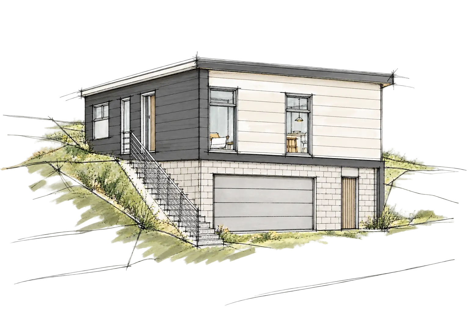 Ink and marker sketch for Modal Architecture’s Turville project in Newlands, showing the sloping roof and garage below.