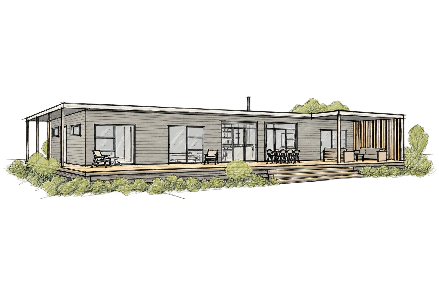 Ink and marker sketch for Modal Architecture’s Donovan project in Masterton, showing the long roofline, front deck and separate garage.