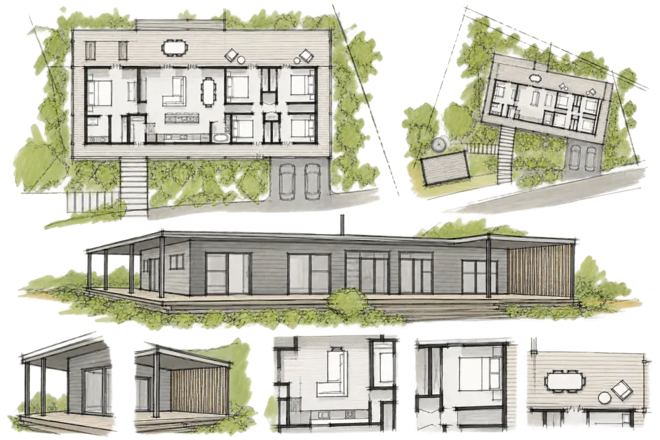 Loose plan and detail sketches for Modal Architecture’s Donovan project in Masterton.