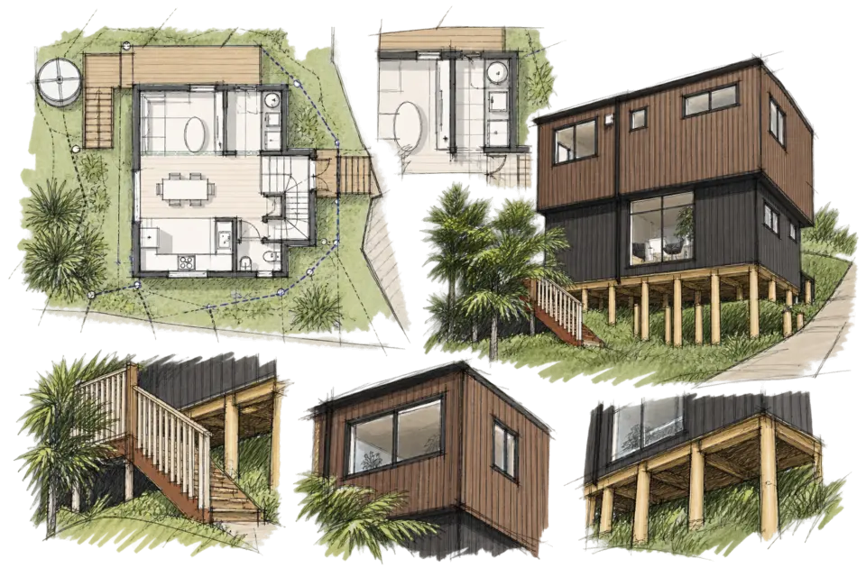 Loose plan and detail sketches for Modal Architecture’s Fraser Hill project in Johnsonville.
