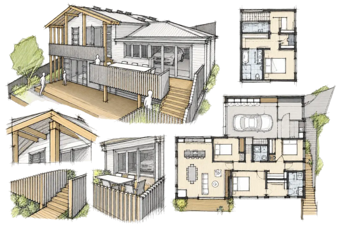 Loose plan and detail sketches for Modal Architecture’s Gair Reno project in Castor Bay.
