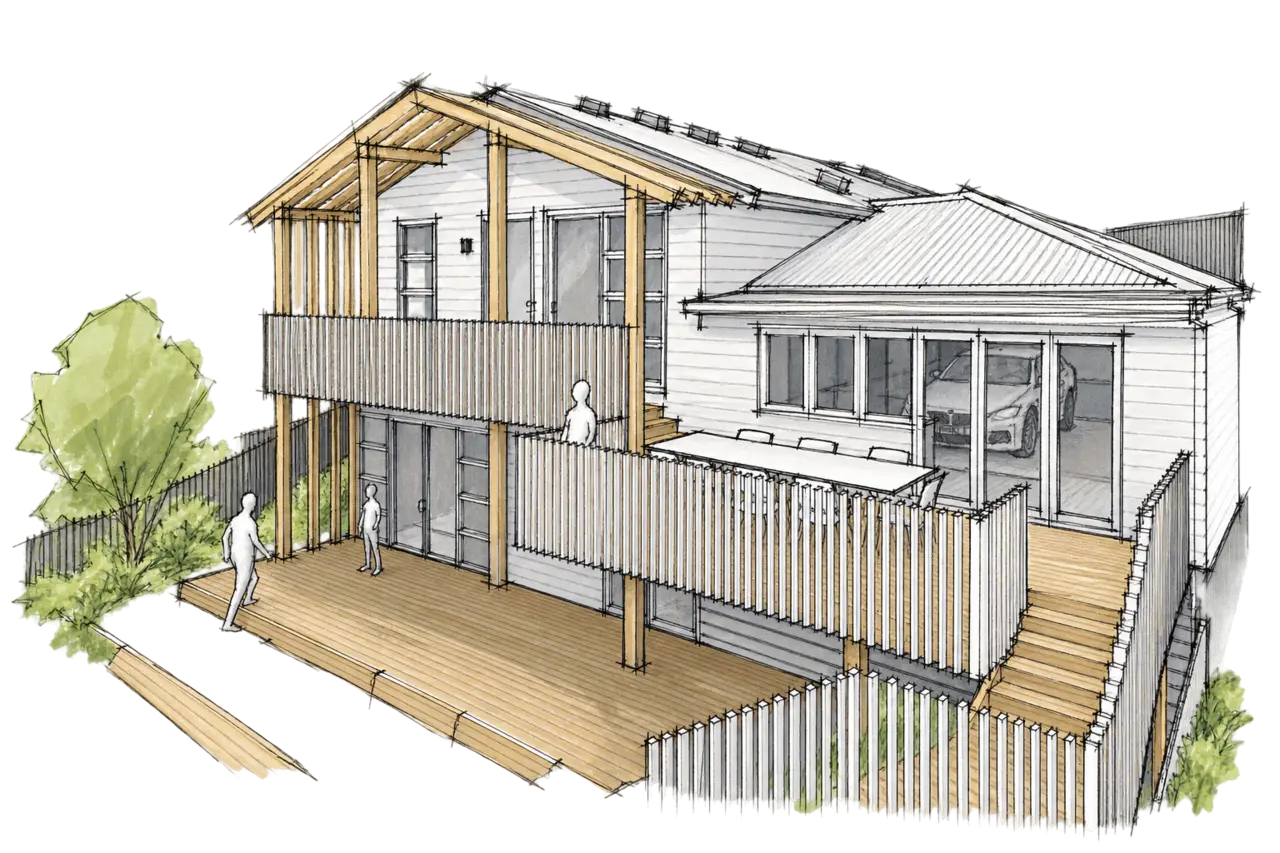 Ink and marker sketch for Modal Architecture’s Gair Reno project in Castor Bay, showing the weatherboard home, deck and pergola.