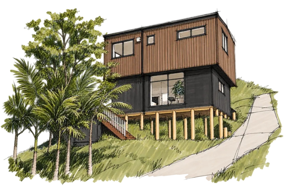 Ink and marker sketch for Modal Architecture’s Fraser Hill project in Johnsonville, showing the timber upper floor and exposed hillside supports.