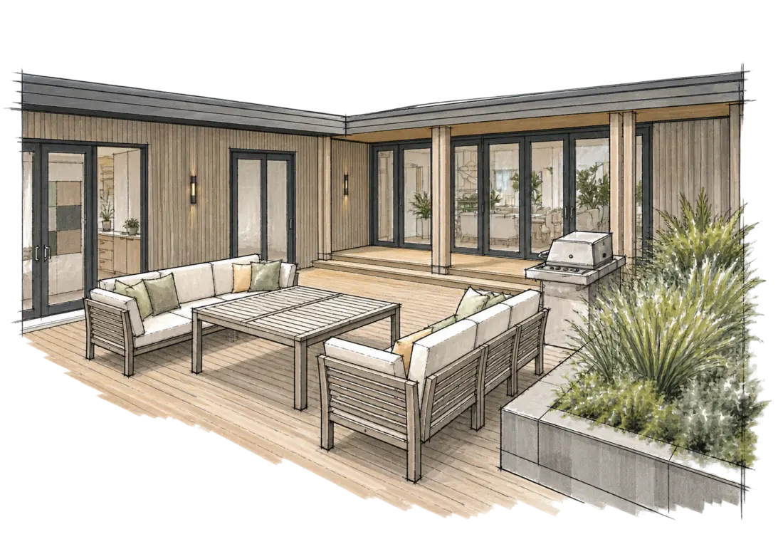 Ink and marker sketch for Modal Architecture’s Seaside Escape project in Waikanae Beach, showing the courtyard deck and glazed living-room corner.