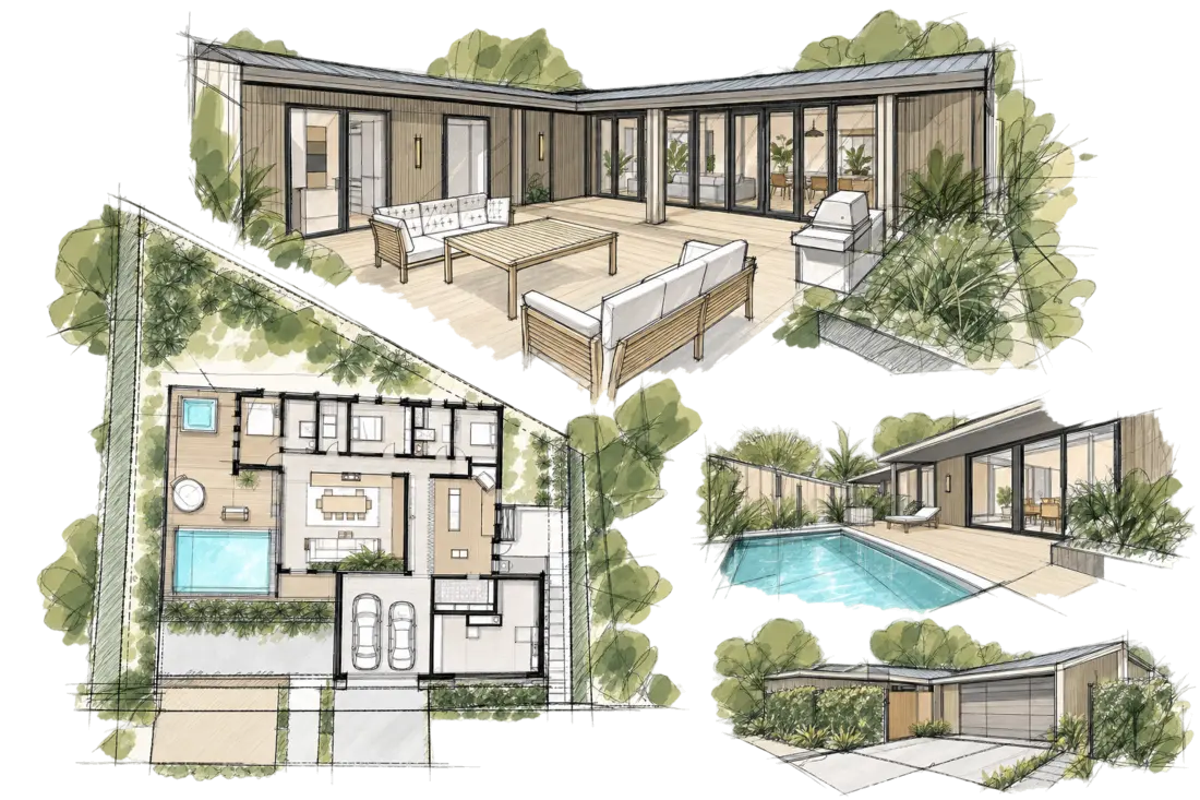 Loose plan and detail sketches for Modal Architecture’s Seaside Escape project in Waikanae Beach.
