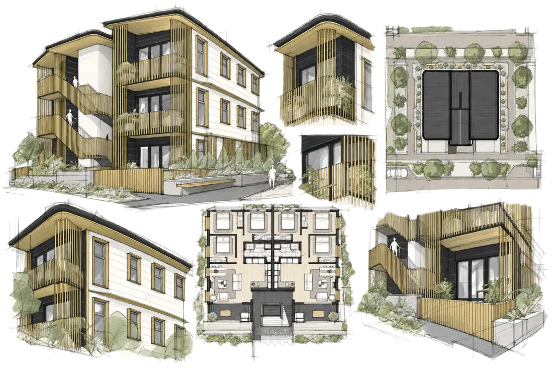 Loose plan and detail sketches for Modal Architecture’s Pauanui Apartments project in Pauanui.