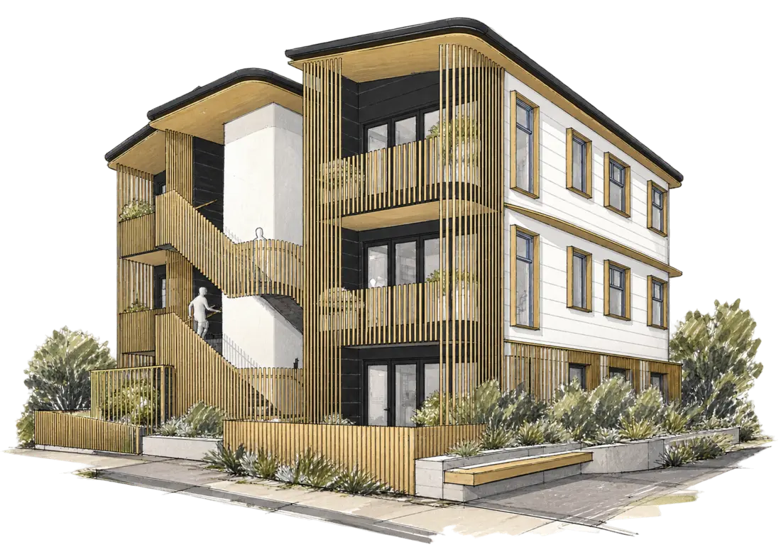 Ink and marker sketch for Modal Architecture’s Pauanui Apartments project in Pauanui, showing three levels of balconies and vertical privacy screens.