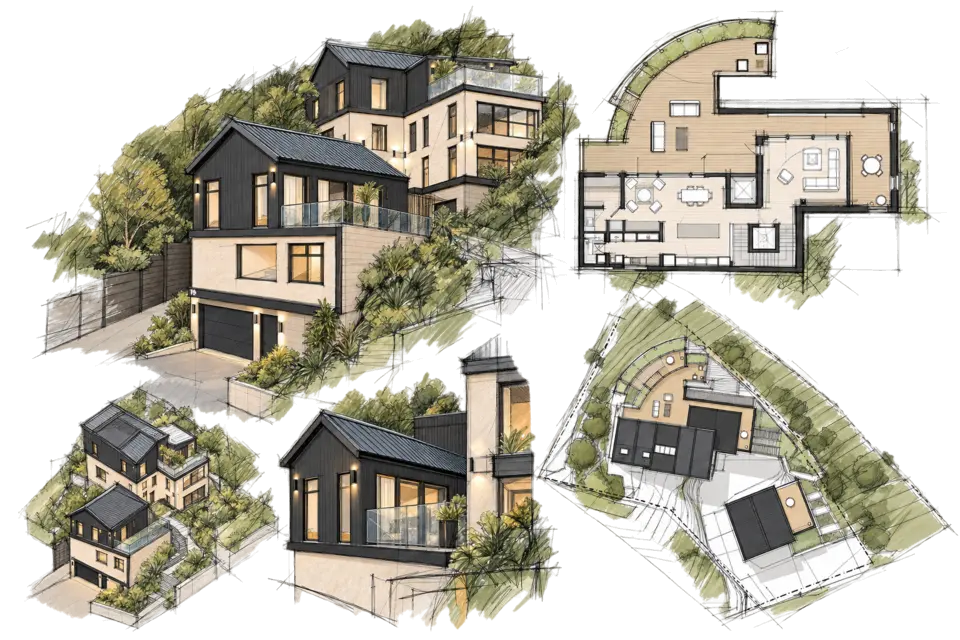 Loose plan and detail sketches for Modal Architecture’s Coolidge Heights project in Brooklyn.