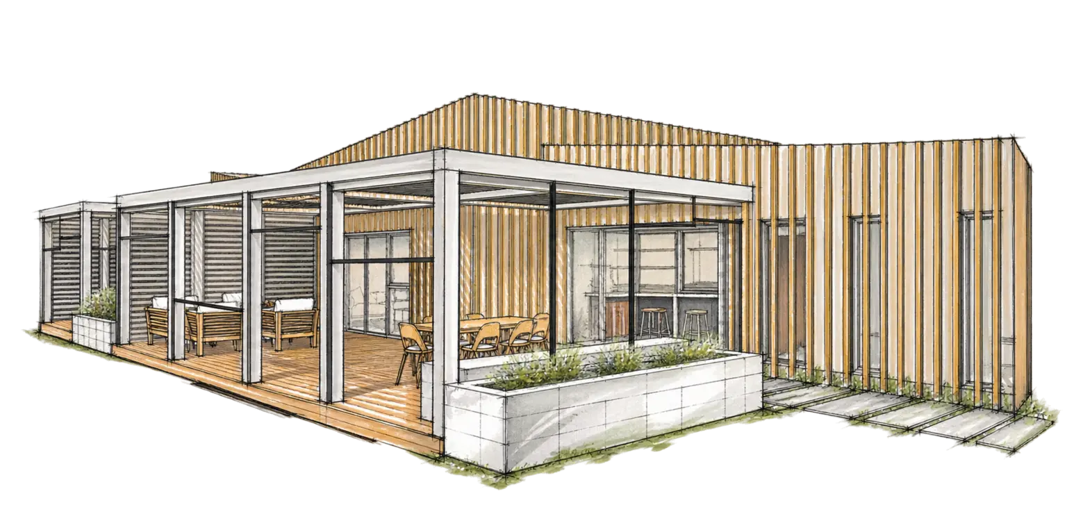 Ink and marker sketch for Modal Architecture’s Sylvan St Reno project in Lake Hayes, showing timber screening and the covered outdoor deck.