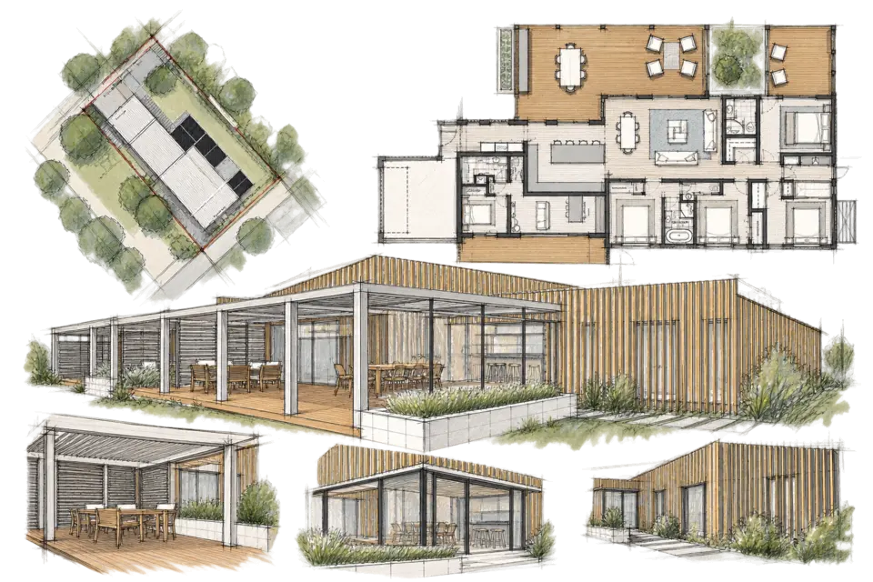 Loose plan and detail sketches for Modal Architecture’s Sylvan St Reno project in Lake Hayes.