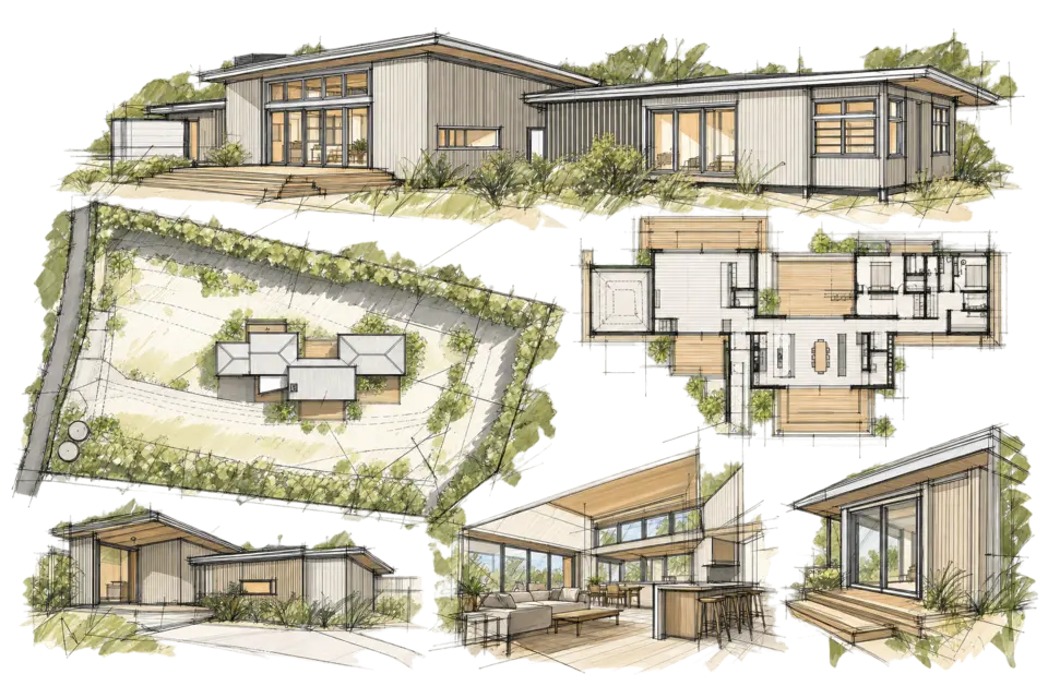 Loose plan and detail sketches for Modal Architecture’s Orui Home project in Riversdale Beach.