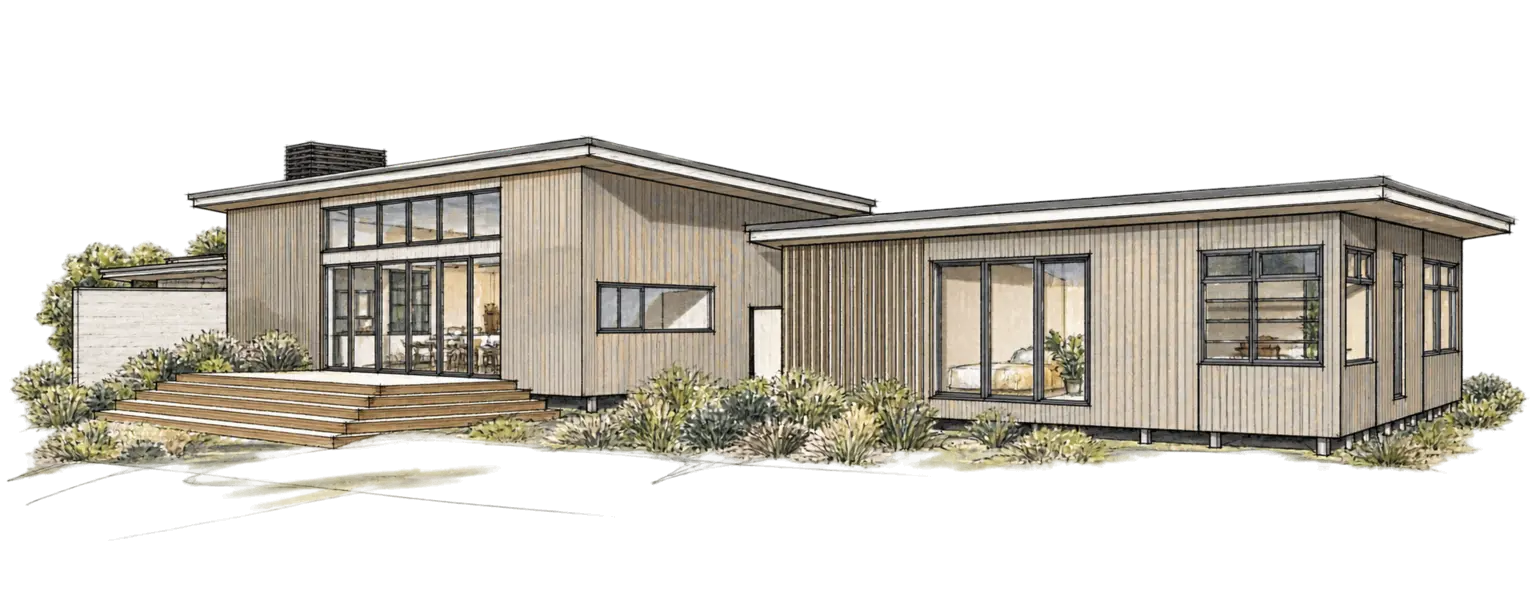 Ink and marker sketch for Modal Architecture’s Orui Home project in Riversdale Beach, showing the linked wings and raised living-room roof.
