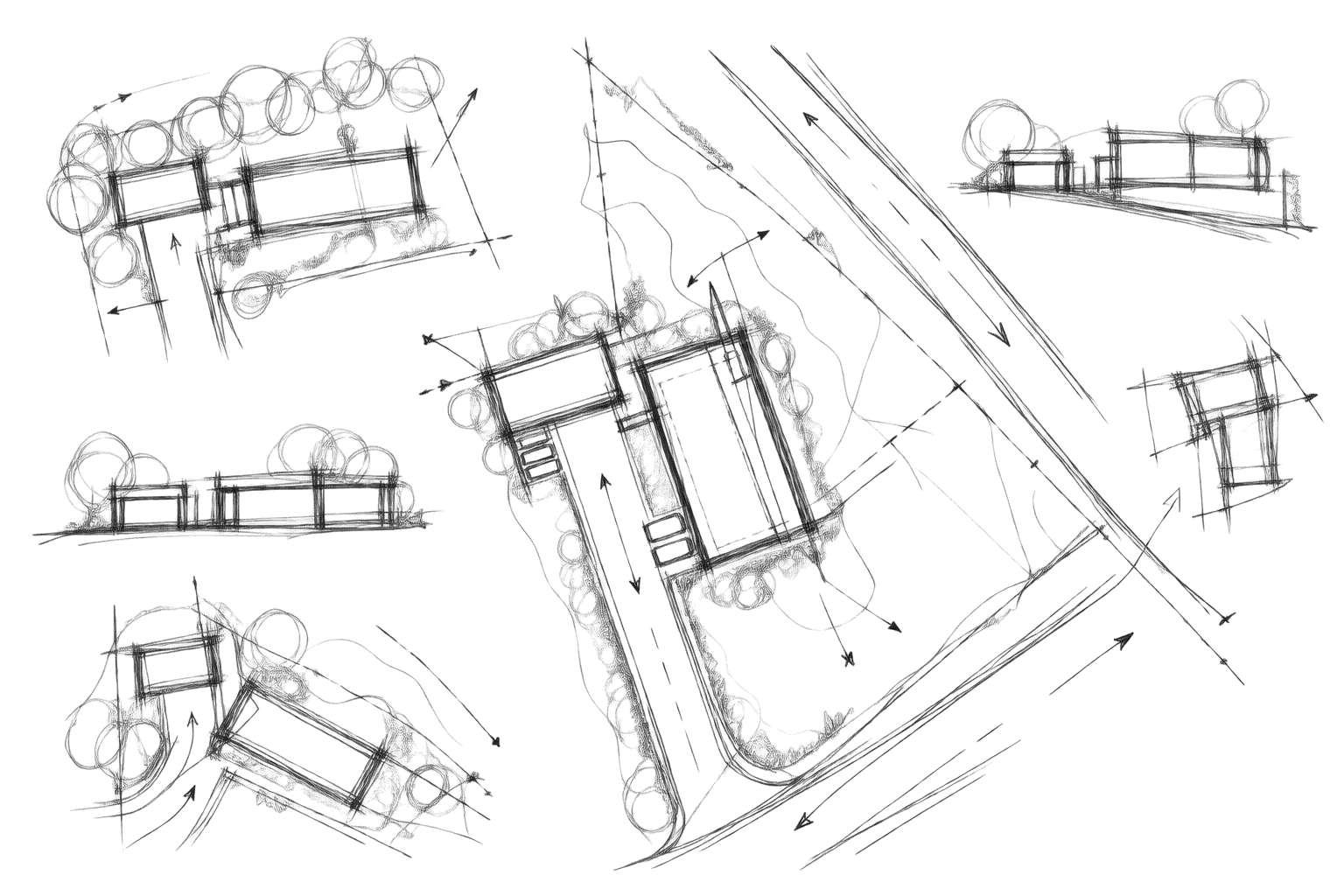Loose black-line site study for Donovan in Masterton by Modal Architecture, exploring building placement and site relationships.
