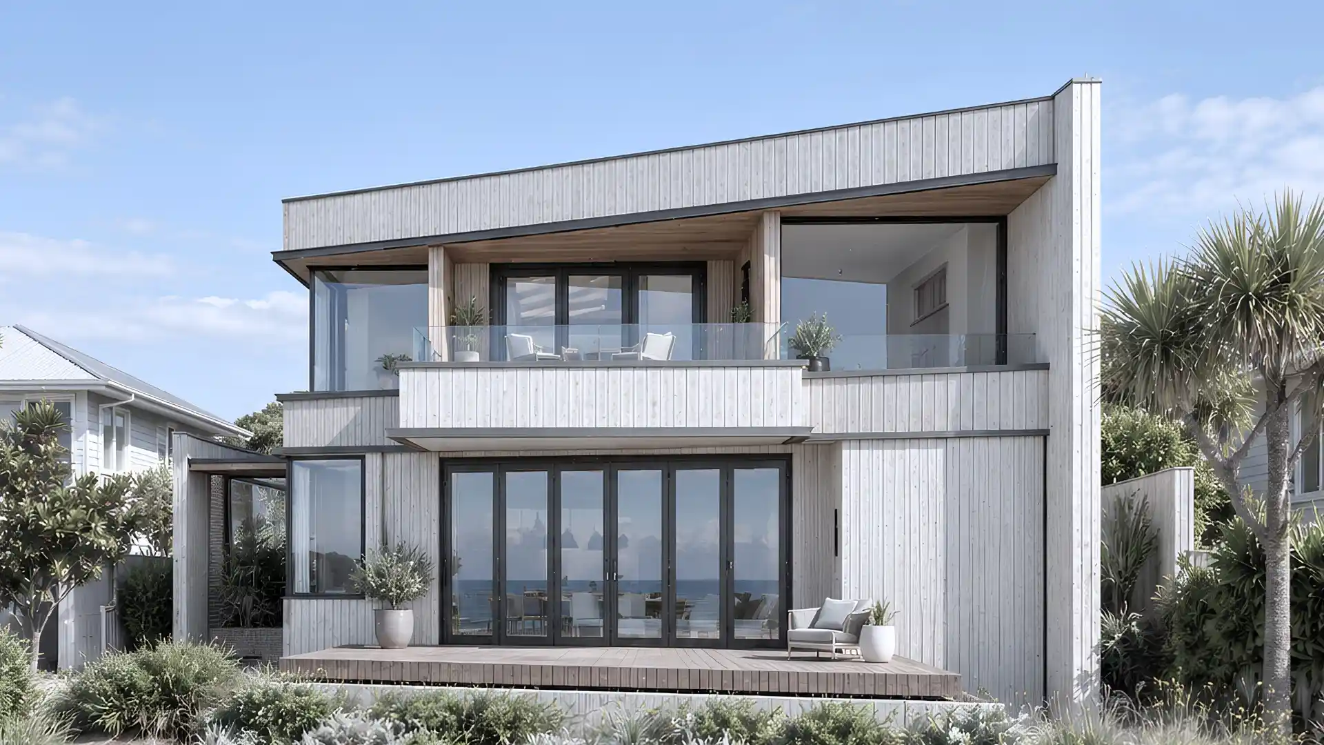 Beach-facing elevation of Modal Architecture’s Milford Beach home in Auckland, showing a glazed balcony above wide folding doors and a deck bordered by coastal planting.