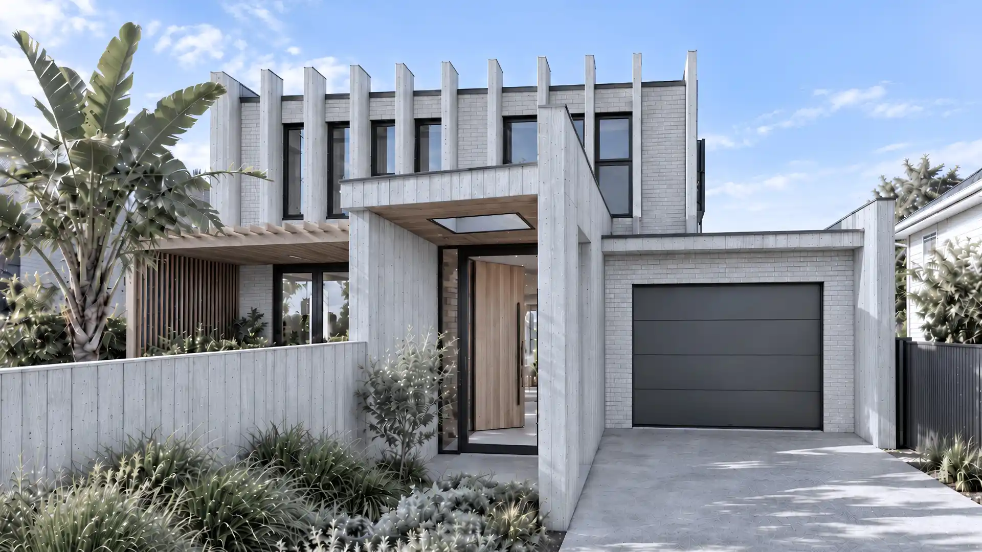 Street entrance to Modal Architecture’s Milford Beach home in Auckland, with tall concrete fins, pale brickwork, a skylit entry canopy and a dark garage door.