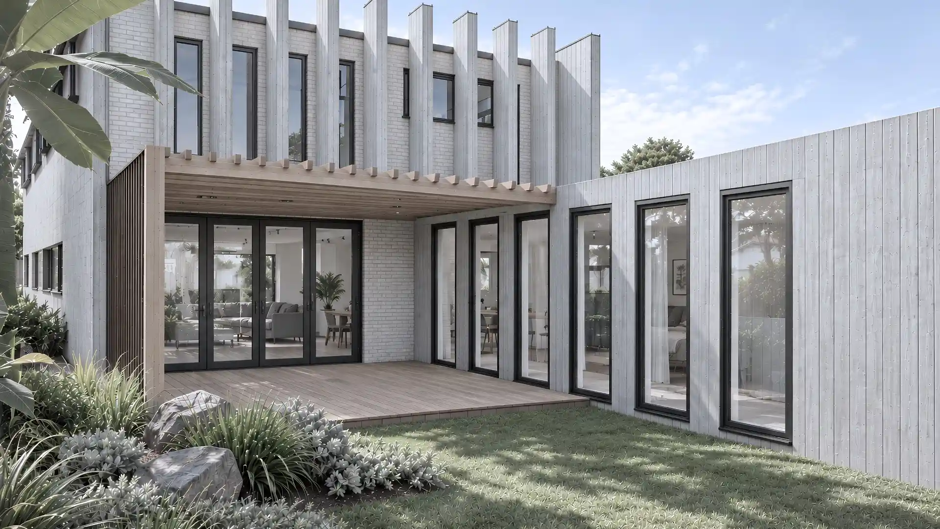 Courtyard at Modal Architecture’s Milford Beach home in Auckland, with a timber pergola and deck, full-height glazing, concrete fins and a planted lawn.