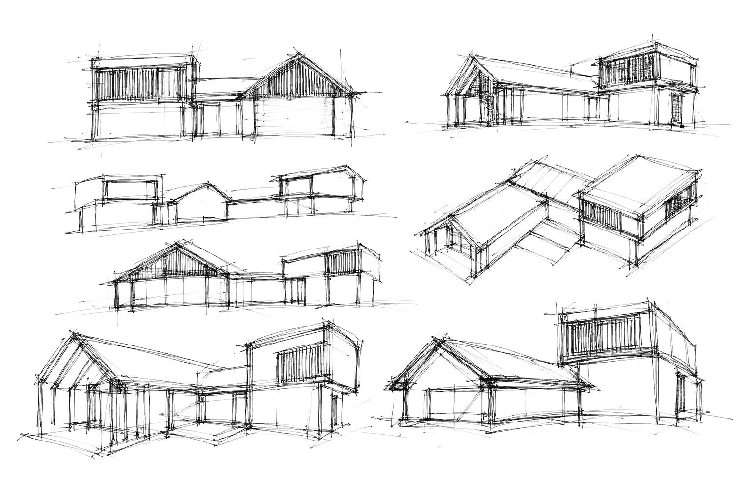 Early site planning sketches for Bridgewell House in Queenstown, exploring the arrangement and orientation of the home across the site.