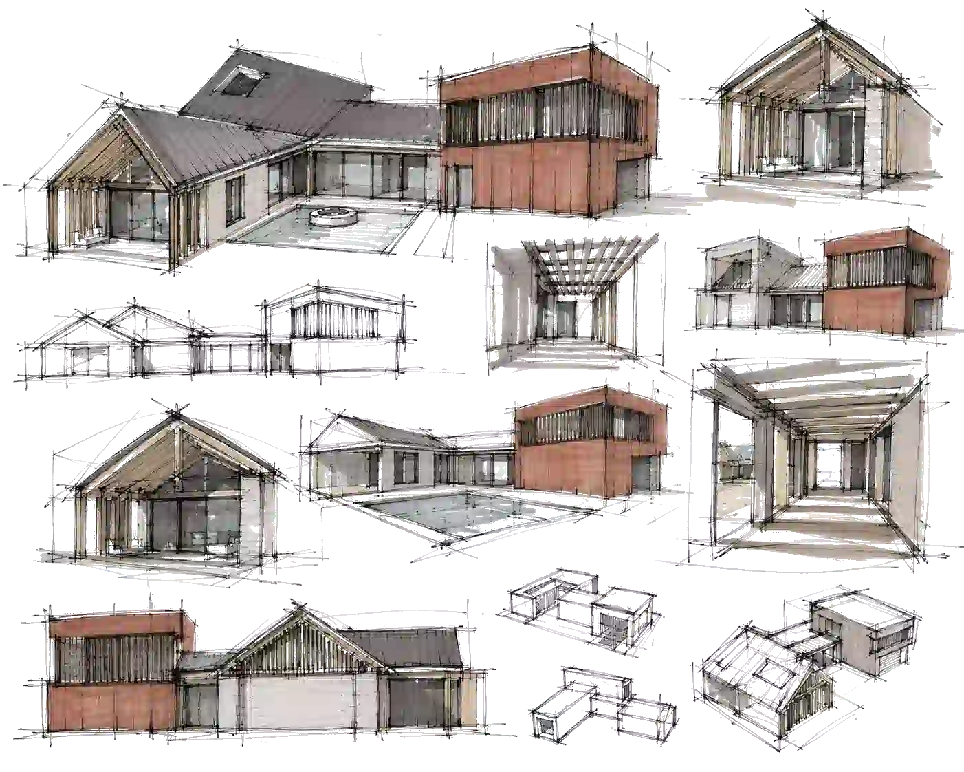 Architectural elevation and form studies for Bridgewell House in Queenstown, exploring connected pitched roof volumes and the two storey corten steel form.