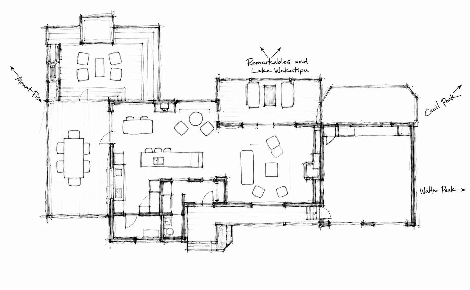 Alpine Retreat floor plan sketch showing connected kitchen, dining and living spaces, outdoor terraces and annotated lake and mountain view directions.