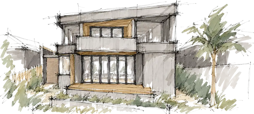 Architectural sketch of Modal Architecture’s Milford Beach house, showing concrete walls, timber accents, an upper balcony and landscaped deck.