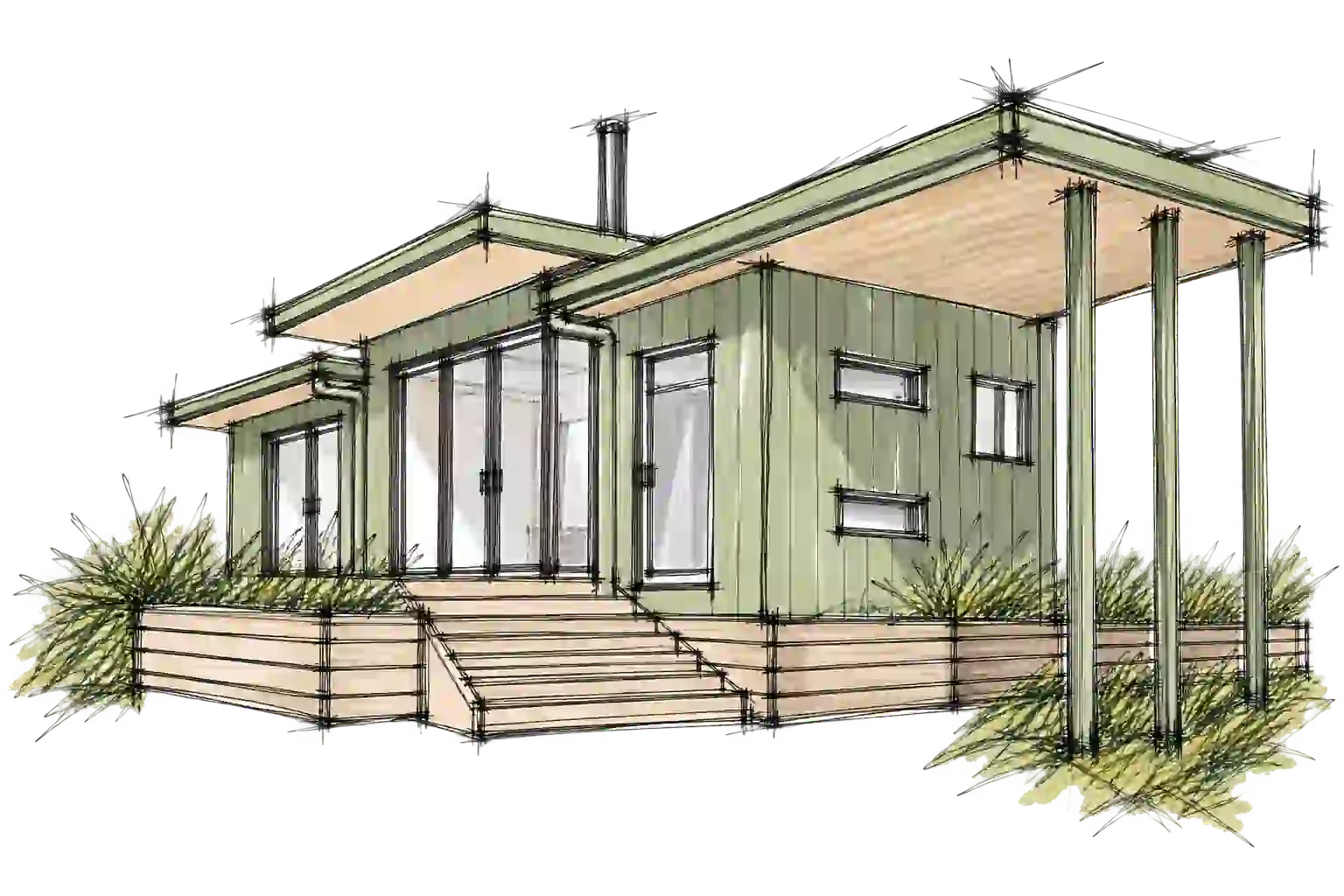 Exterior sketch of the Malaghan House guest dwelling by Modal Architecture, showing generous glazing, timber decking and broad roof overhangs.