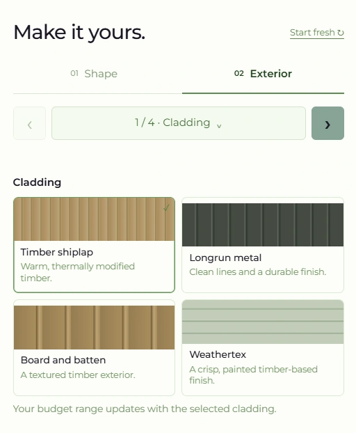 Exterior cladding options in Modal Architecture’s proprietary Home Studio software, with timber shiplap selected alongside metal, board and batten, and Weathertex.
