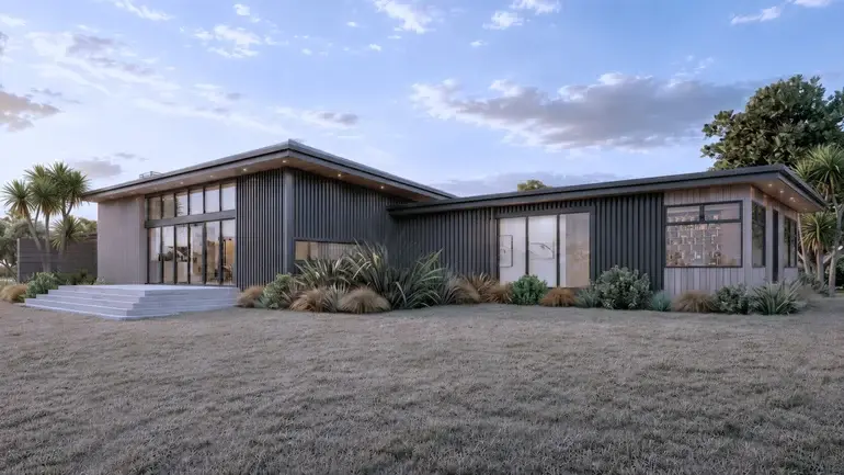 Architectural visualisation of Orui Home in Wairarapa by Modal Architecture, with dark ST7 steel cladding, low rooflines and a landscaped swimming pool courtyard.