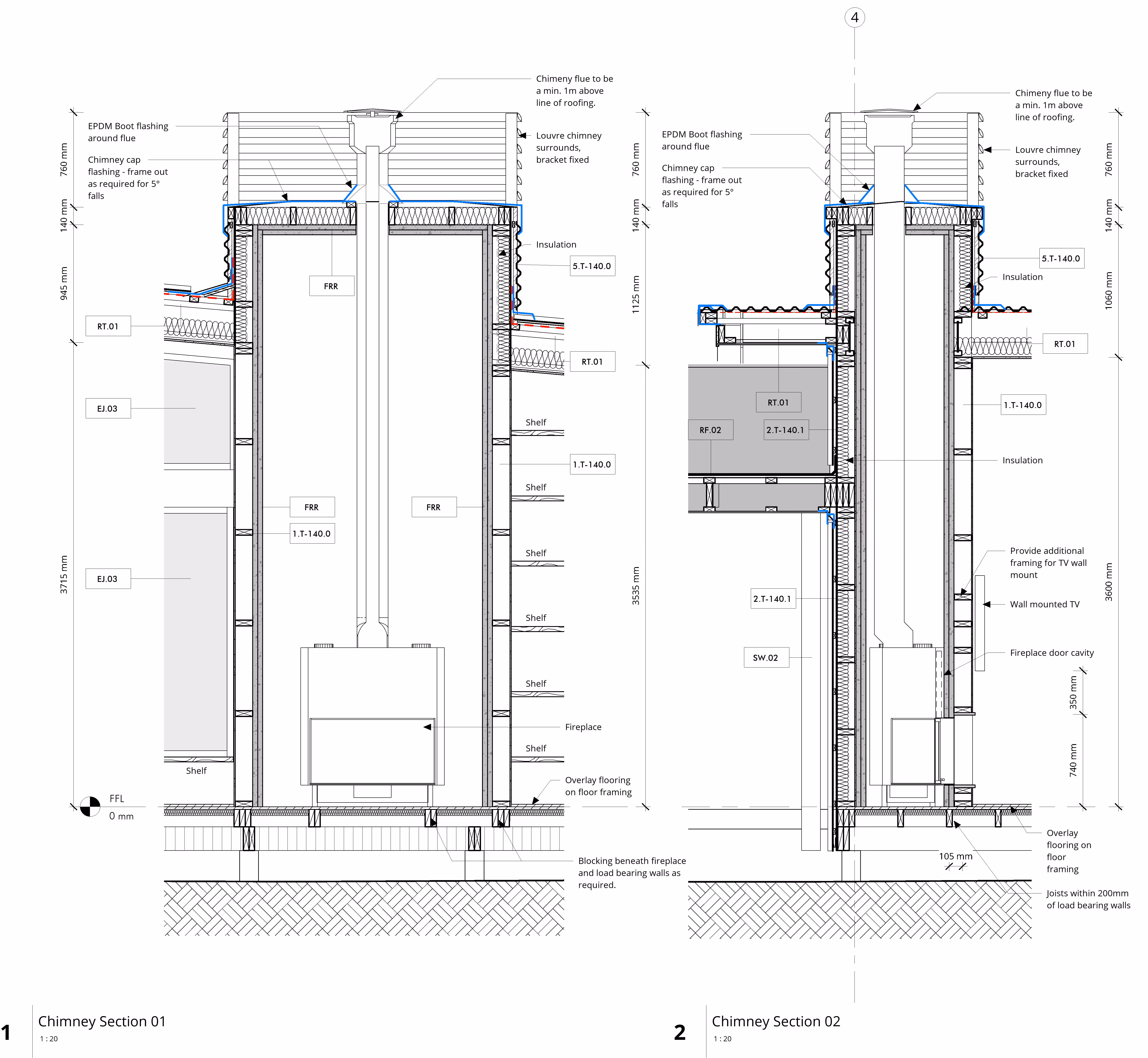 Technical chimney cross-section drawings showing framework, insulation, flue, shelves, and fireplace details. Modal Architecture. New Zealand.