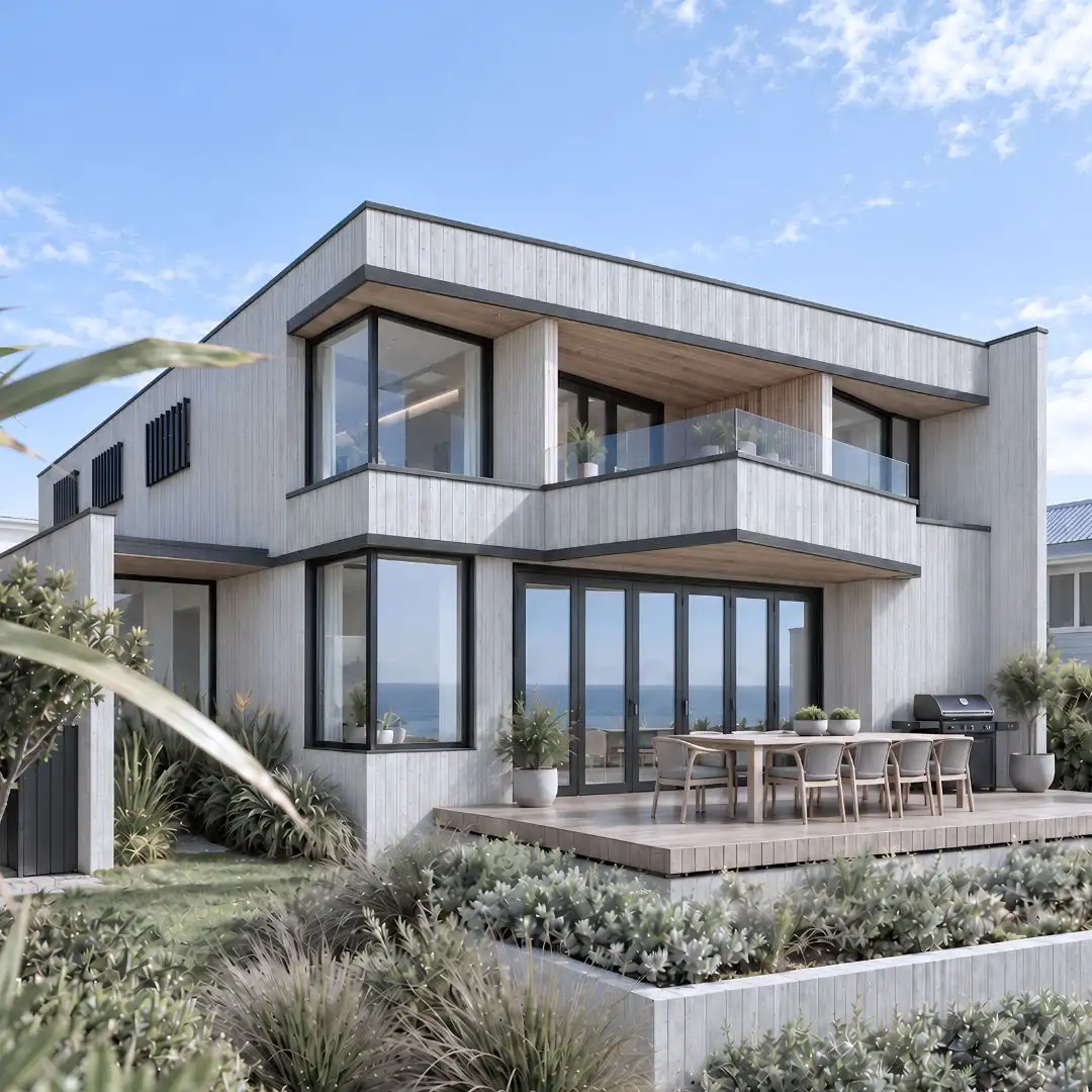 Luxury beachfront home at Milford Beach on Auckland’s North Shore, designed by Modal Architecture with contemporary coastal architecture and expansive ocean views