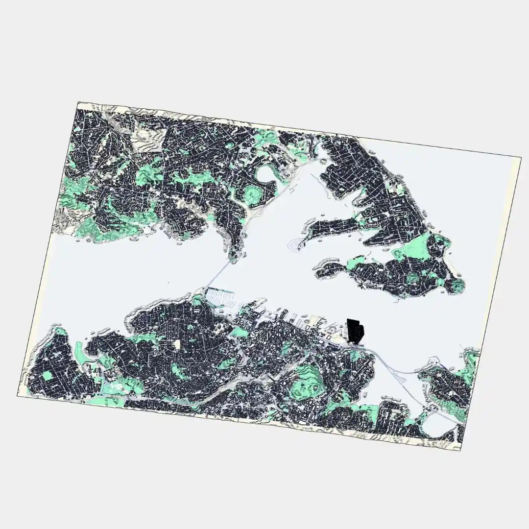 Auckland topographic model showing the city’s terrain, roading and buildings, illustrating the diverse urban and coastal landscape where Modal Architecture designs contemporary Auckland homes