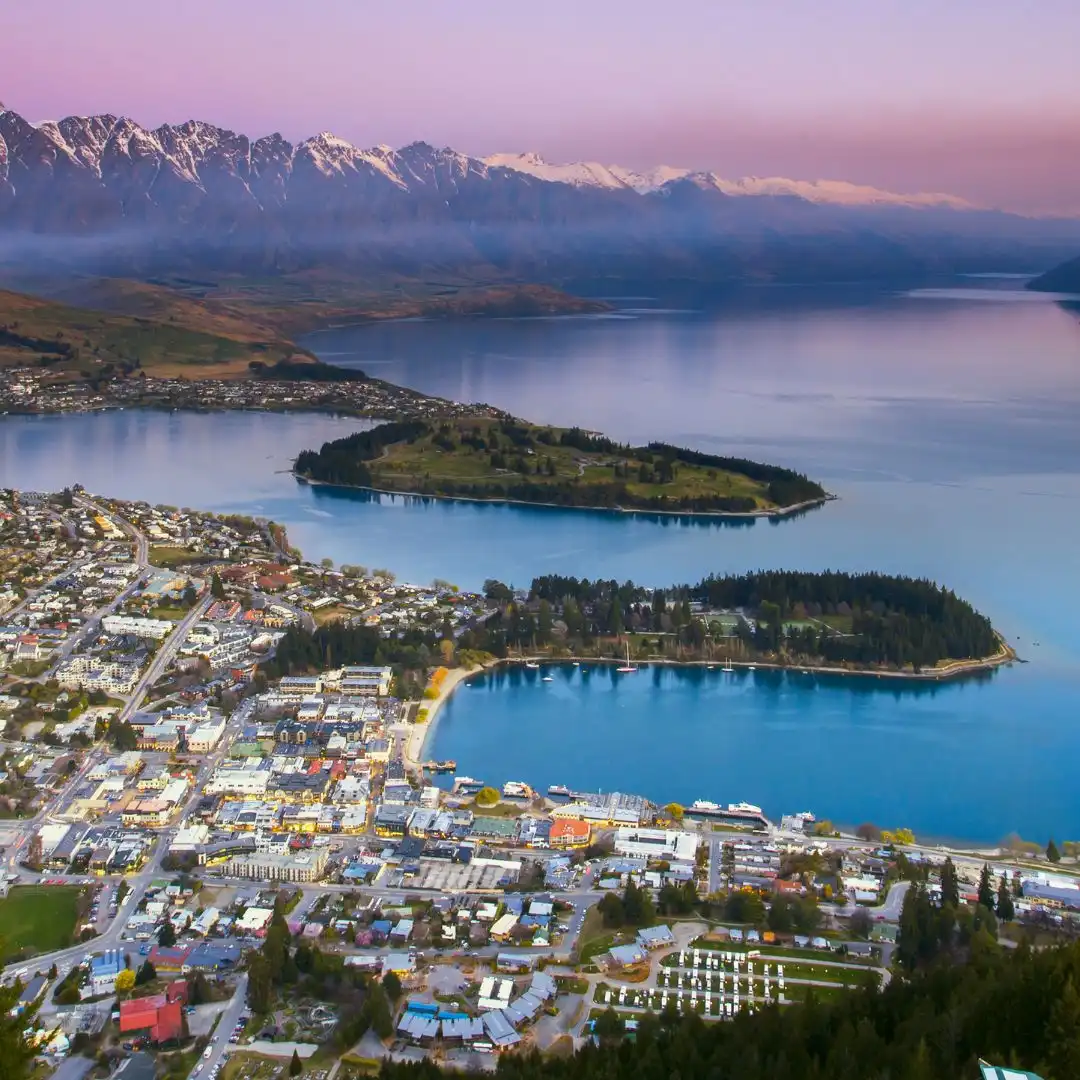 Aerial view of Queenstown, Lake Wakatipu and the Remarkables, New Zealand, where Modal Architecture provides residential architectural design services.