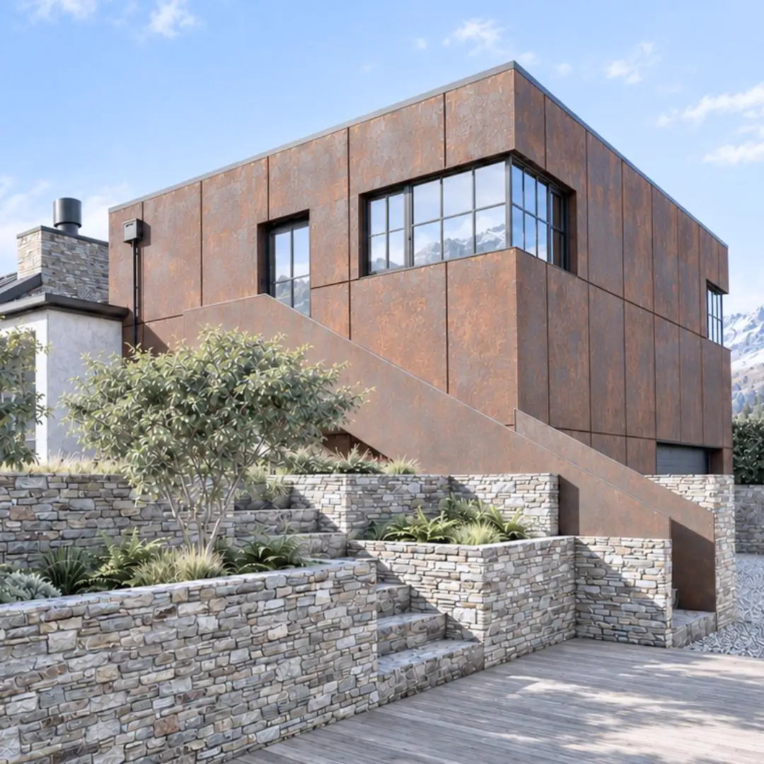 Contemporary Quail Rise home in Queenstown by Modal Architecture, featuring weathered steel cladding, stone landscaping and mountain facing windows.