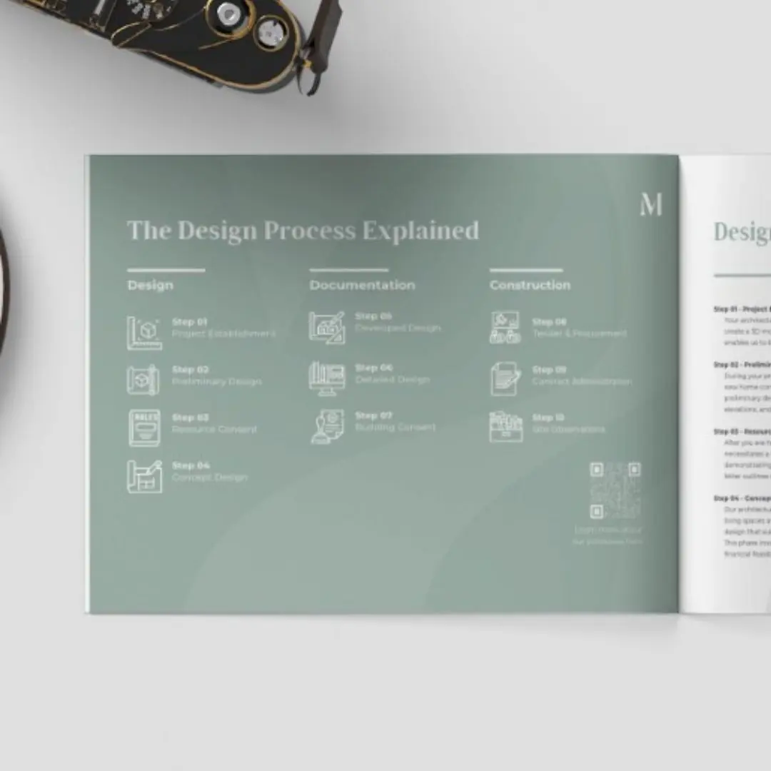 Modal Architecture architectural design process brochure outlining residential design, documentation and construction stages for New Zealand building projects.