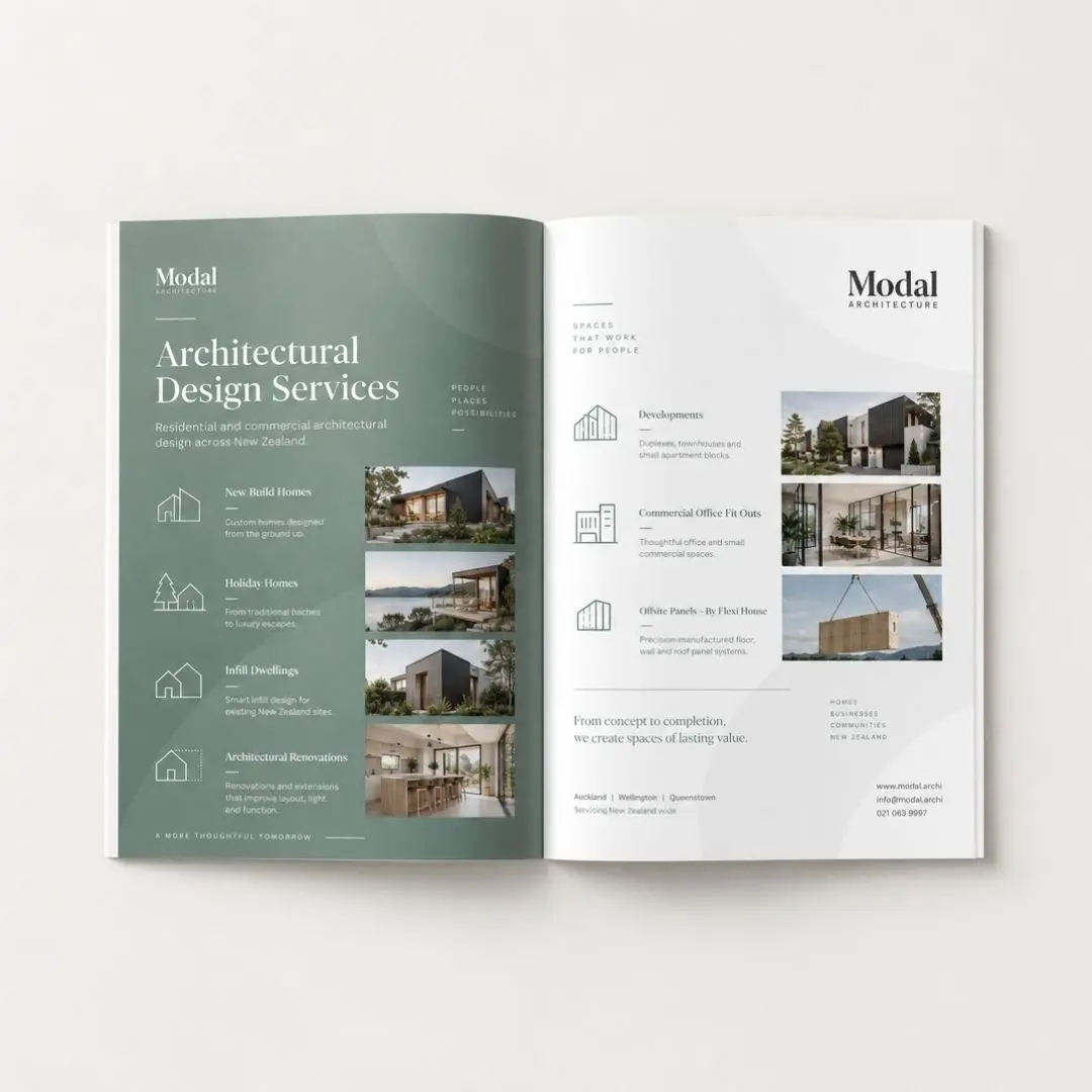 Modal Architecture architectural design services brochure showcasing new homes, renovations, holiday homes, infill housing, developments and commercial projects across New Zealand.