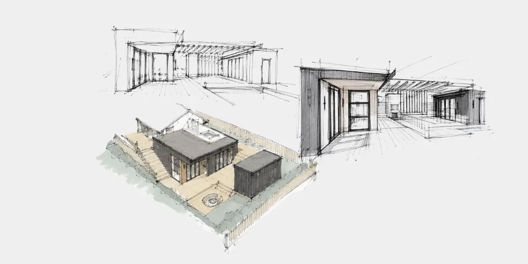 Renovation concept sketches by Modal Architecture showing interior spaces, a pergola and an aerial view of the home and outdoor living areas.
