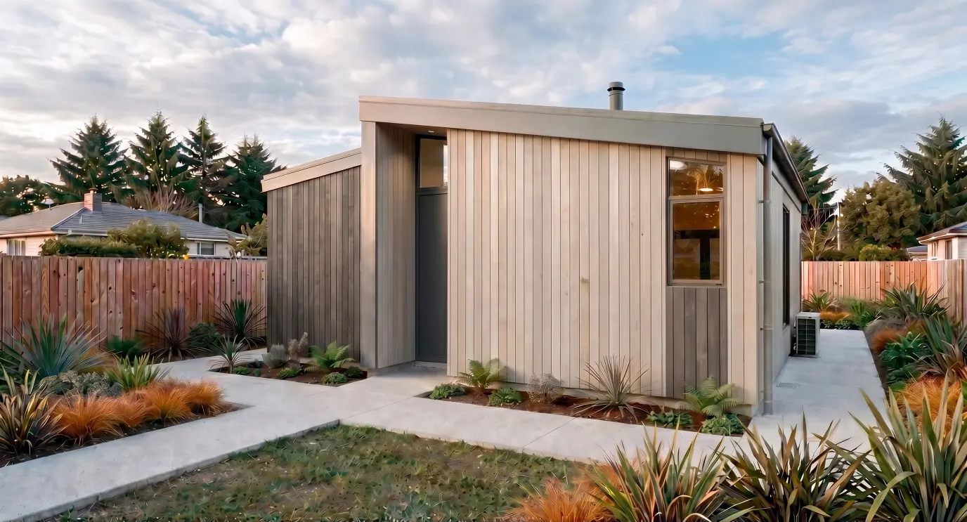 Oak One by Modal Architecture, a contemporary compact home with vertical timber cladding, sheltered entrance and landscaped garden.