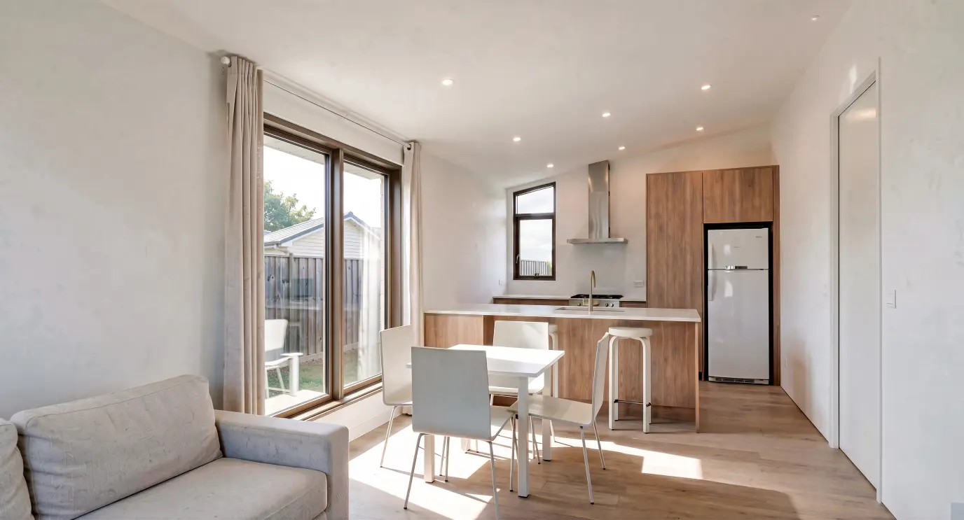 Open plan kitchen and dining area in Modal Architecture's Oak One home, featuring timber cabinetry, breakfast bar and natural light.
